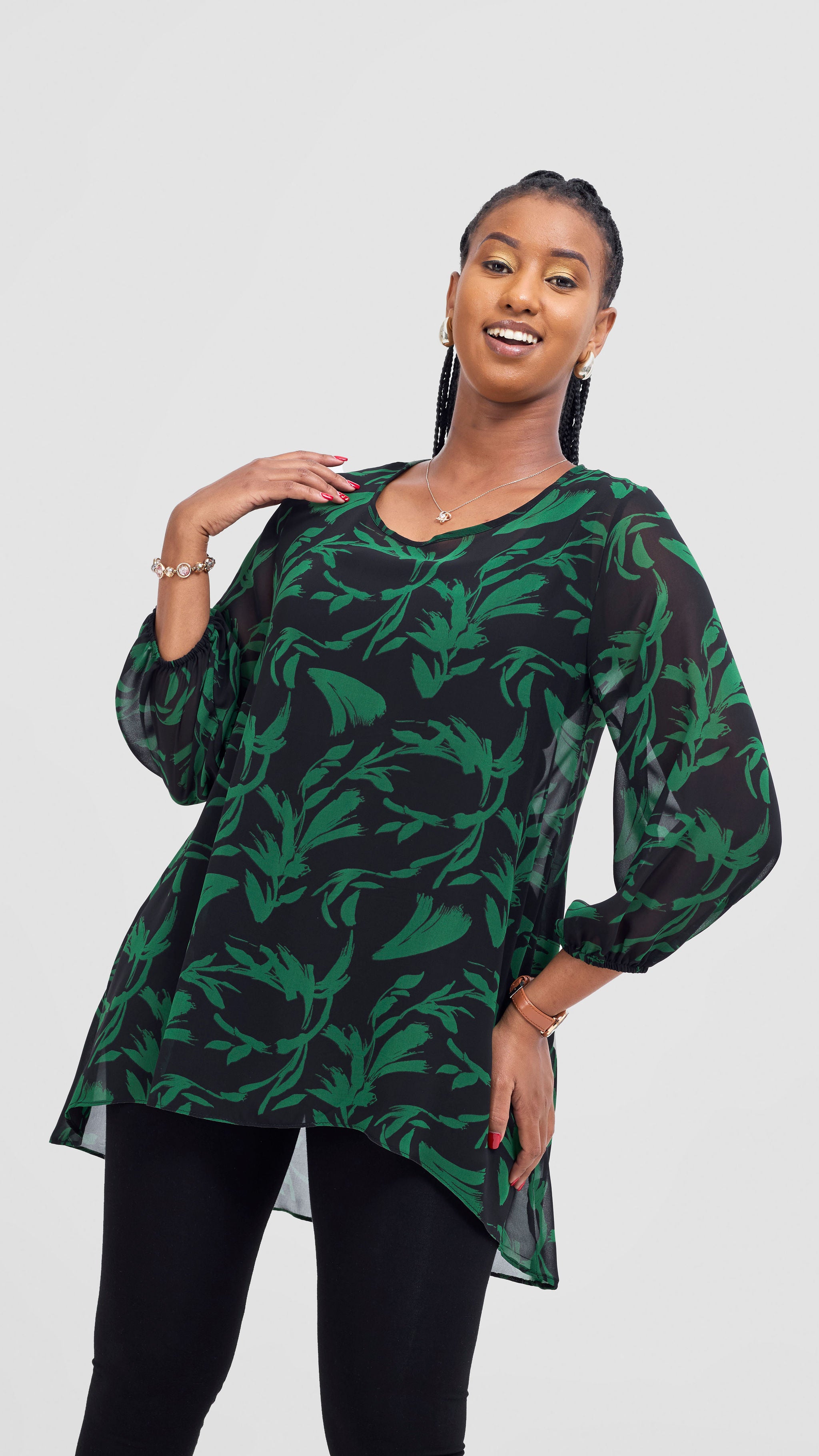 Vivo Samira High Low Top - Black / Green Siari Print