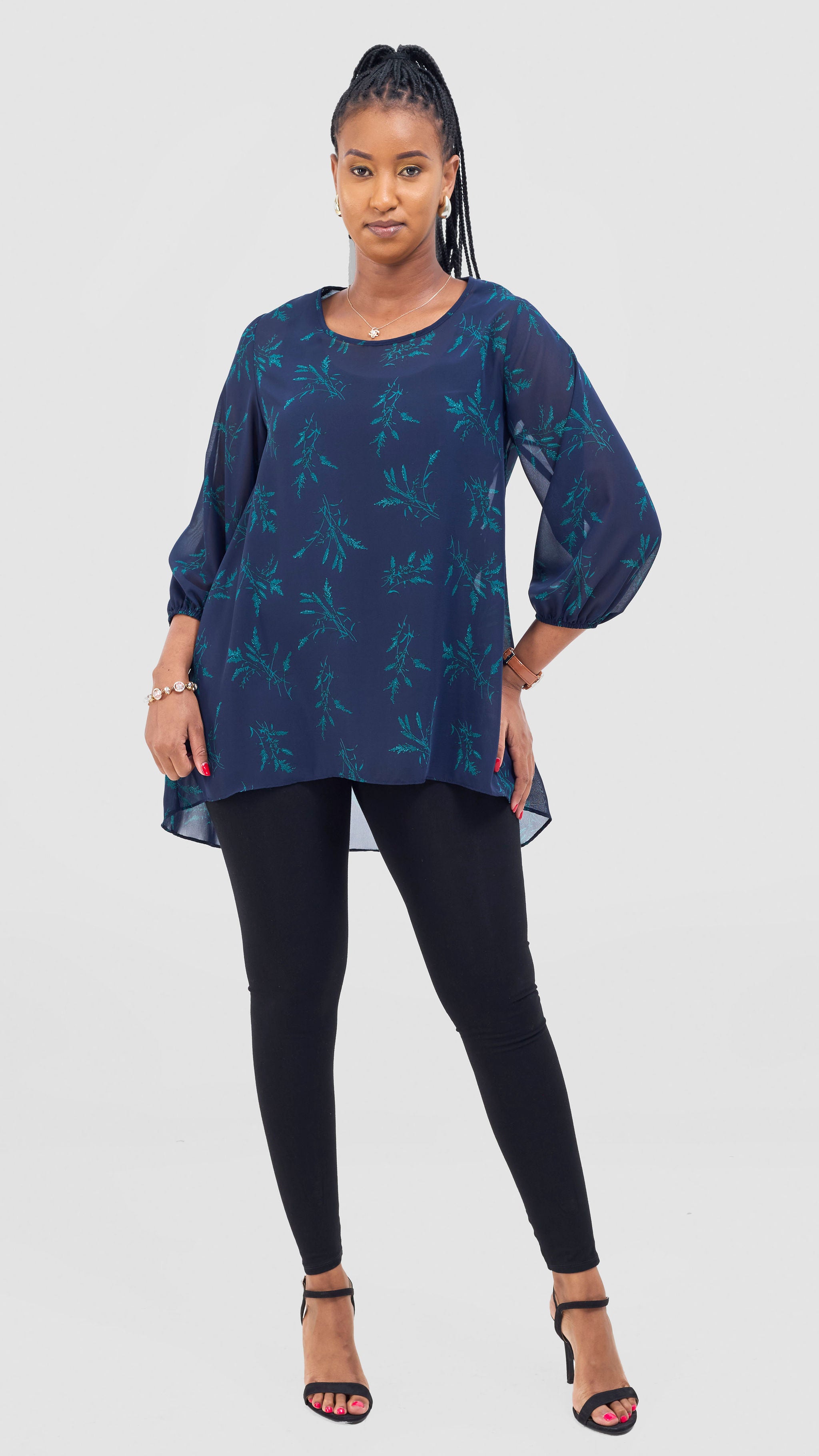 Vivo Samira High Low Top - Navy / Teal Ami Print