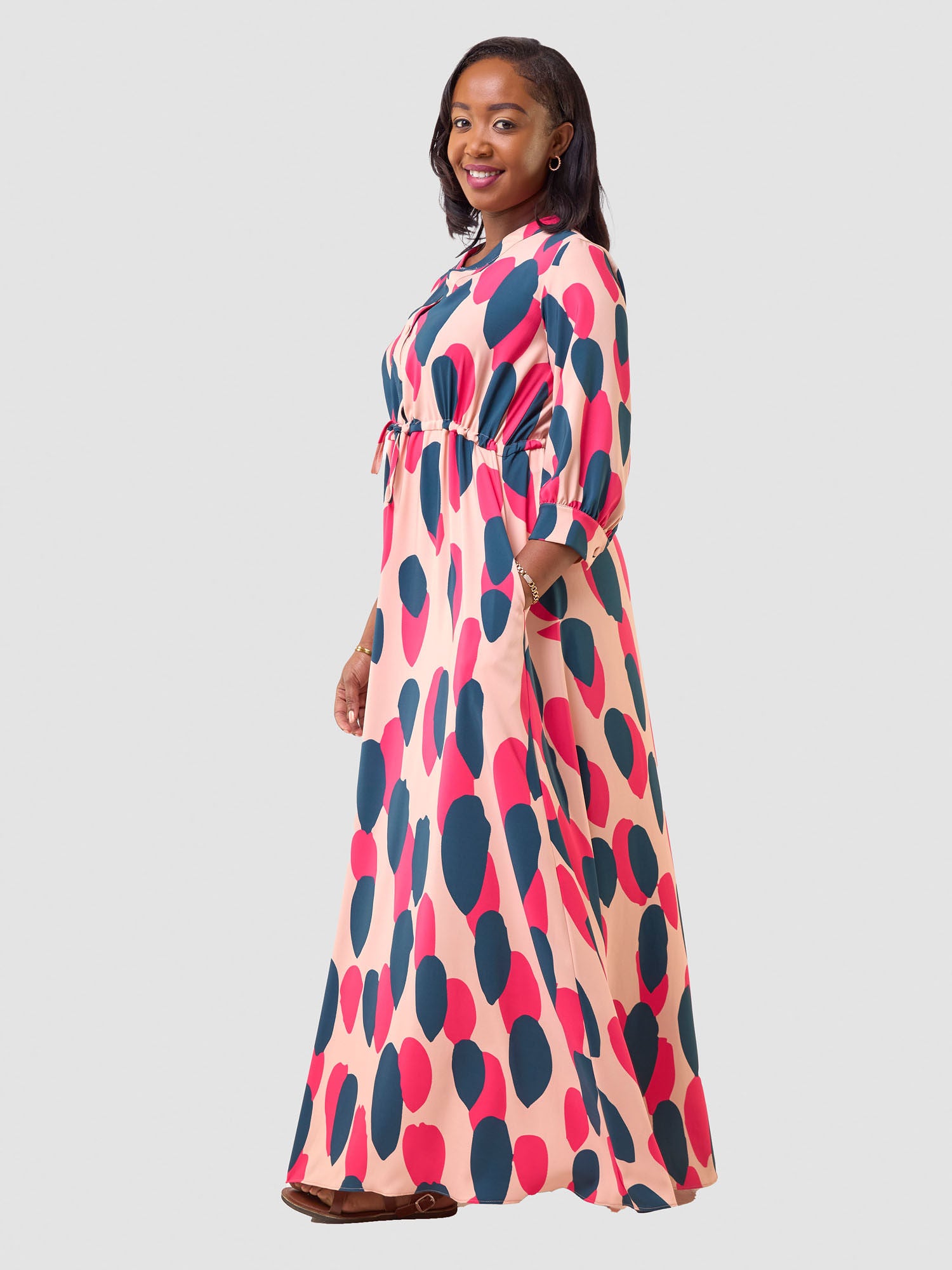 Vivo Hadiya Gathered Maxi Dress - Peach / Teal Diya Print