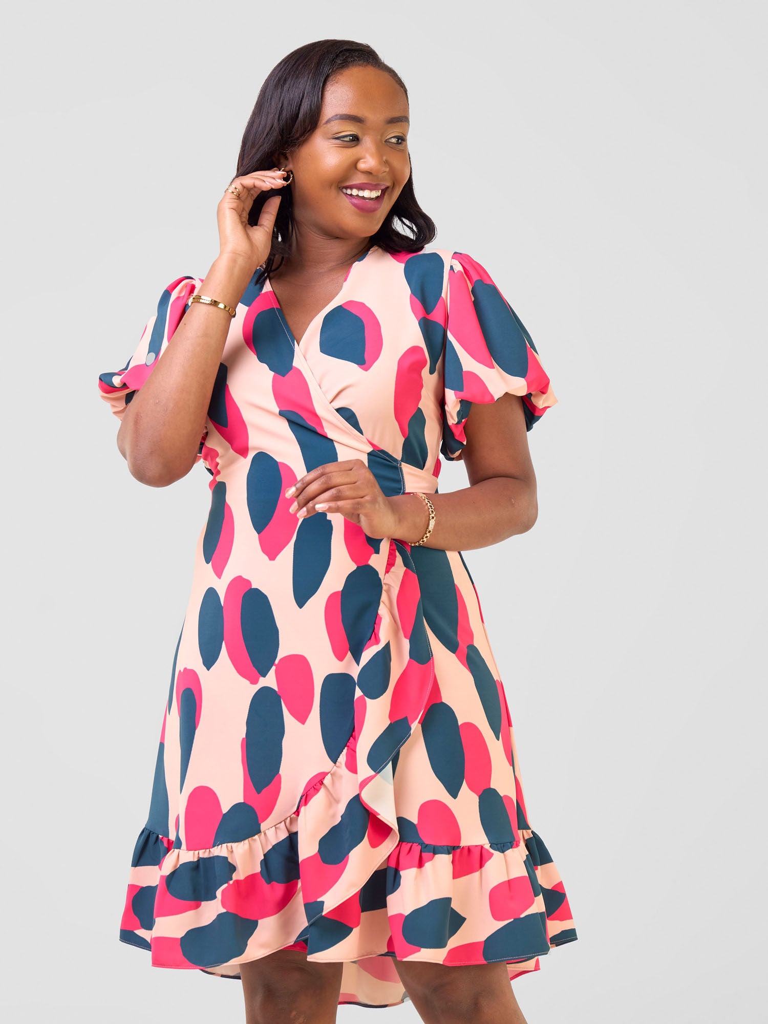 Vivo Hadiya Wrap Dress - Peach / Teal Diya Print