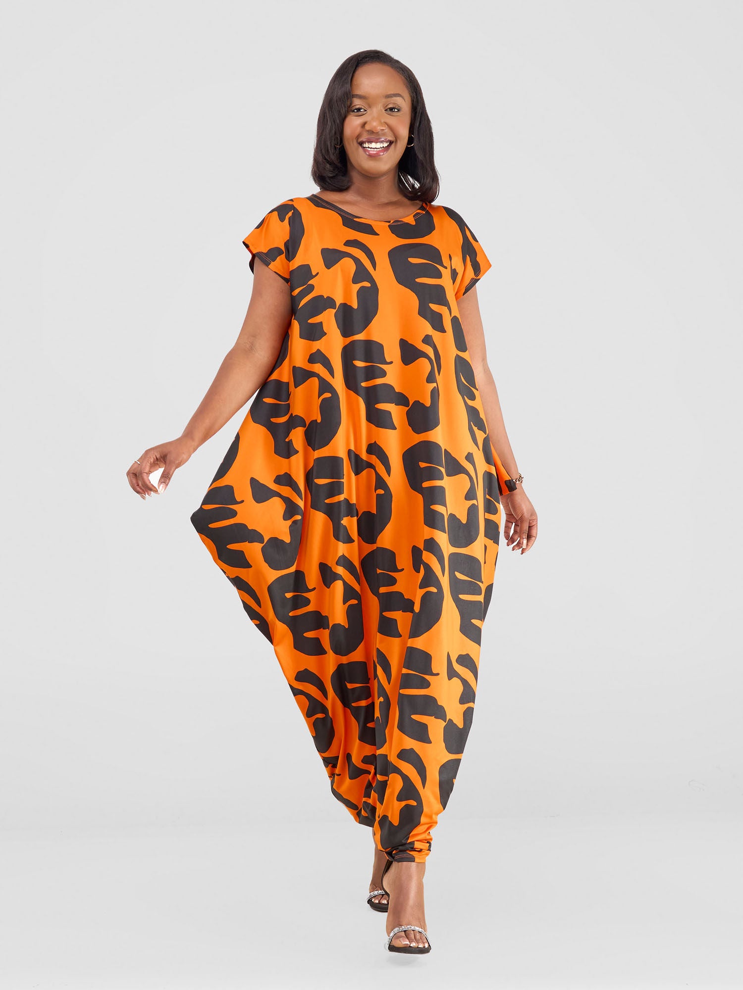 Vivo Fimi Drop Shoulder Maxi Dress - Orange/ Black Chana Print