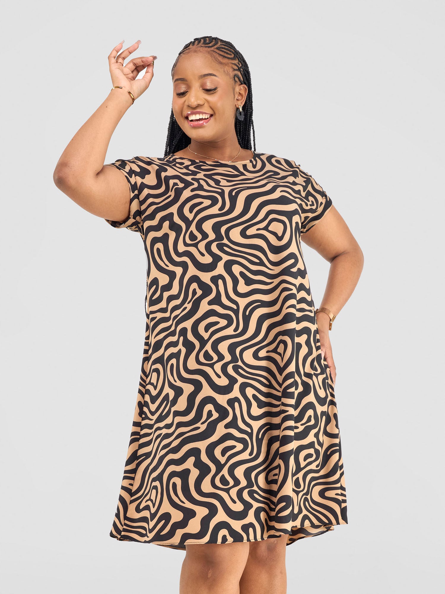 Vivo Pesi Drop Shoulder Tent Dress - Taupe Spiral