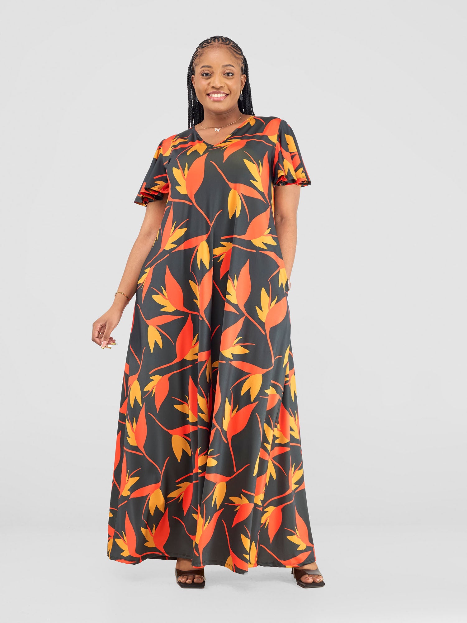 Vivo Ruwa Flounce Sleeve Tent Maxi Dress - Mustard / Orange Mizan Print