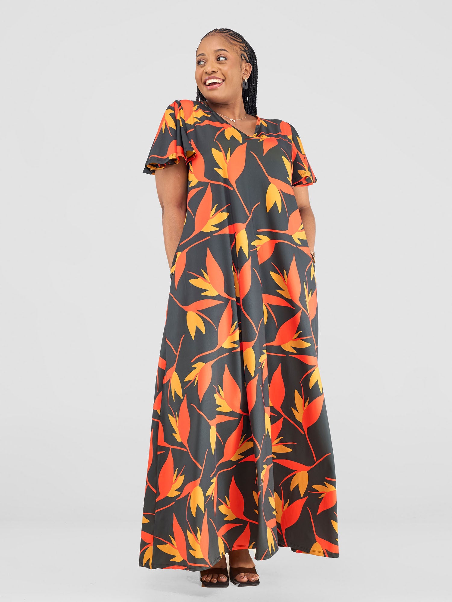 Vivo Ruwa Flounce Sleeve Tent Maxi Dress - Mustard / Orange Mizan Print