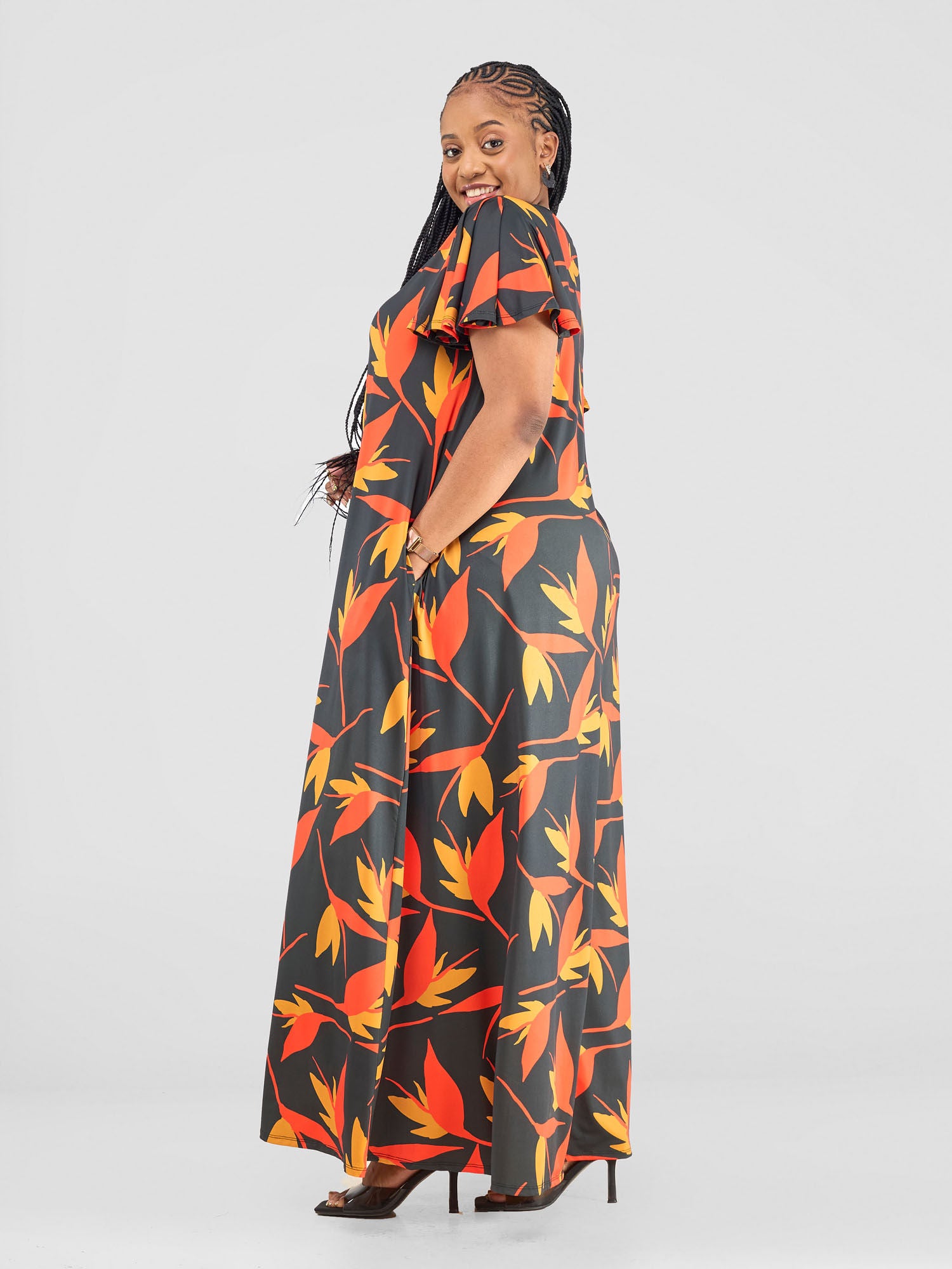 Vivo Ruwa Flounce Sleeve Tent Maxi Dress - Mustard / Orange Mizan Print