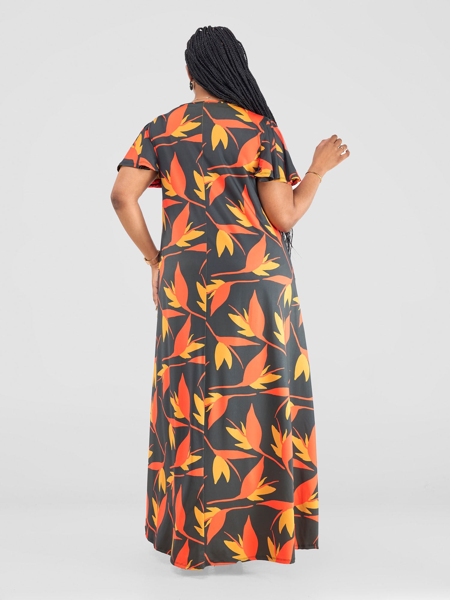 Vivo Ruwa Flounce Sleeve Tent Maxi Dress - Mustard / Orange Mizan Print