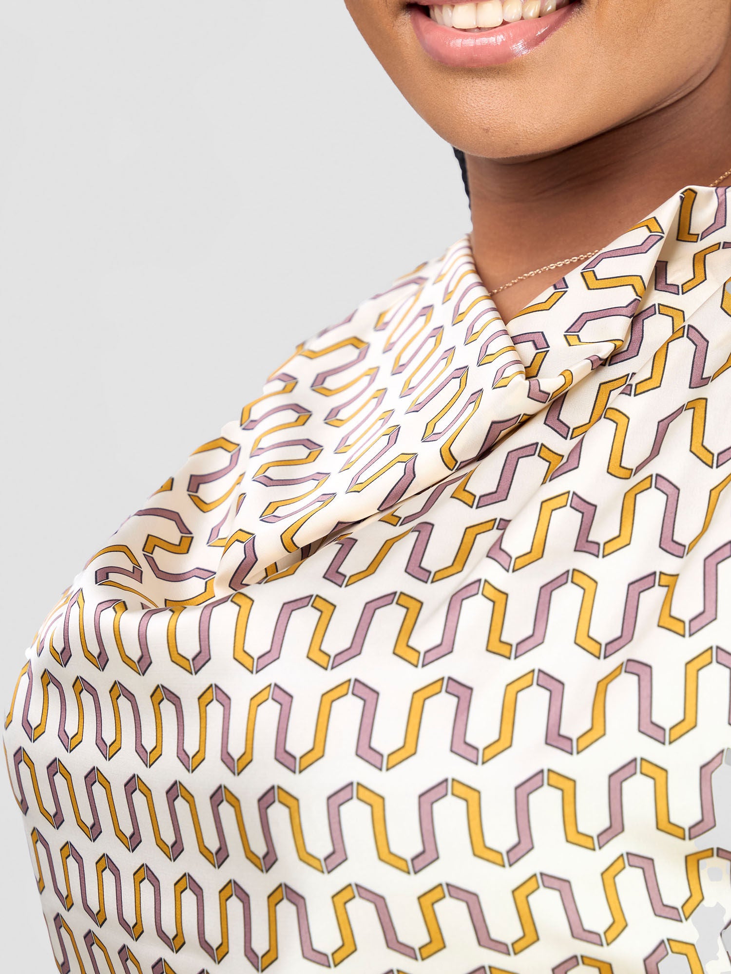 Vivo Fahari Drop Shoulder Cowl Top - Cream/ Purple Chala Print