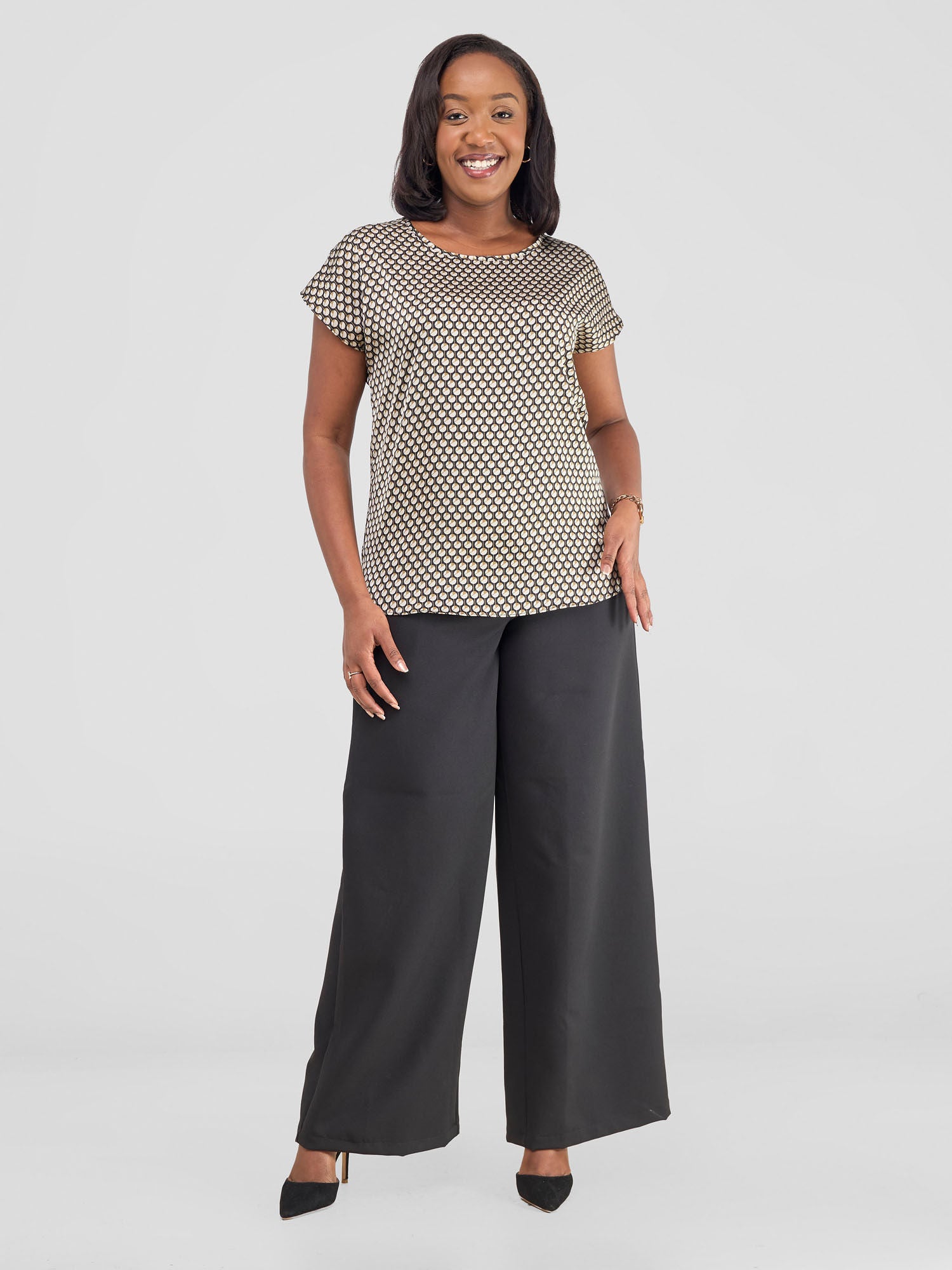 Vivo Basic Satin Dropped Shoulder Top - Black / Taupe Deli Print