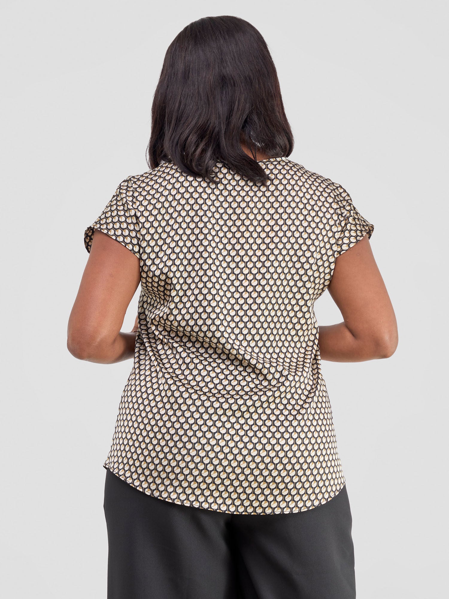 Vivo Basic Satin Dropped Shoulder Top - Black / Taupe Deli Print