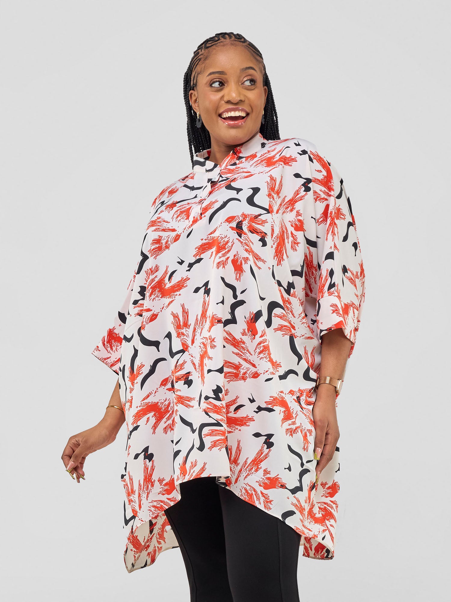 Vivo Mistari 3/4 Sleeve V - Neck Collared Tunic Top - White / Red Abstract Print