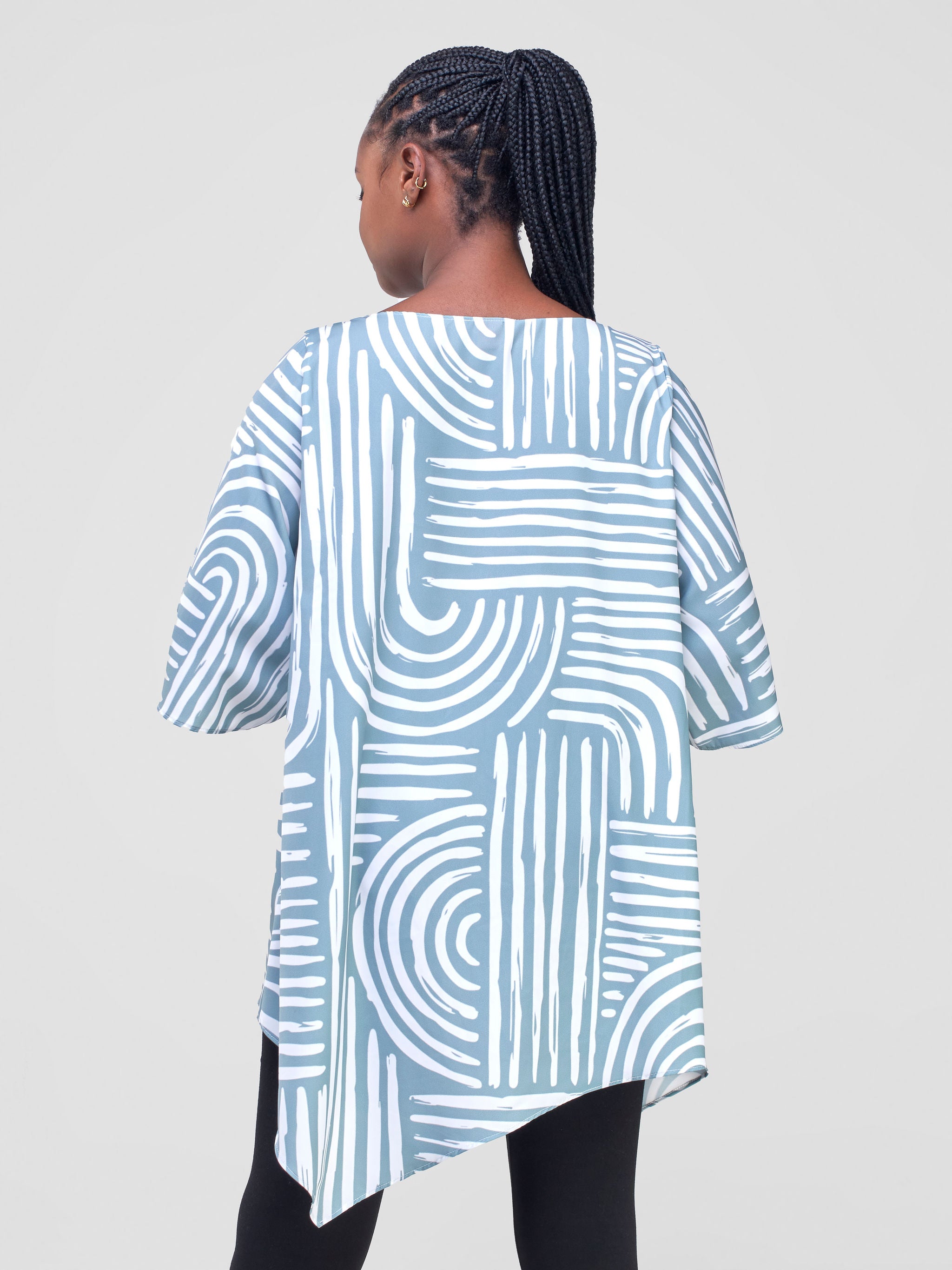 Vivo Sana Asymmetrical Angel Sleeve Top - Green Linear Print