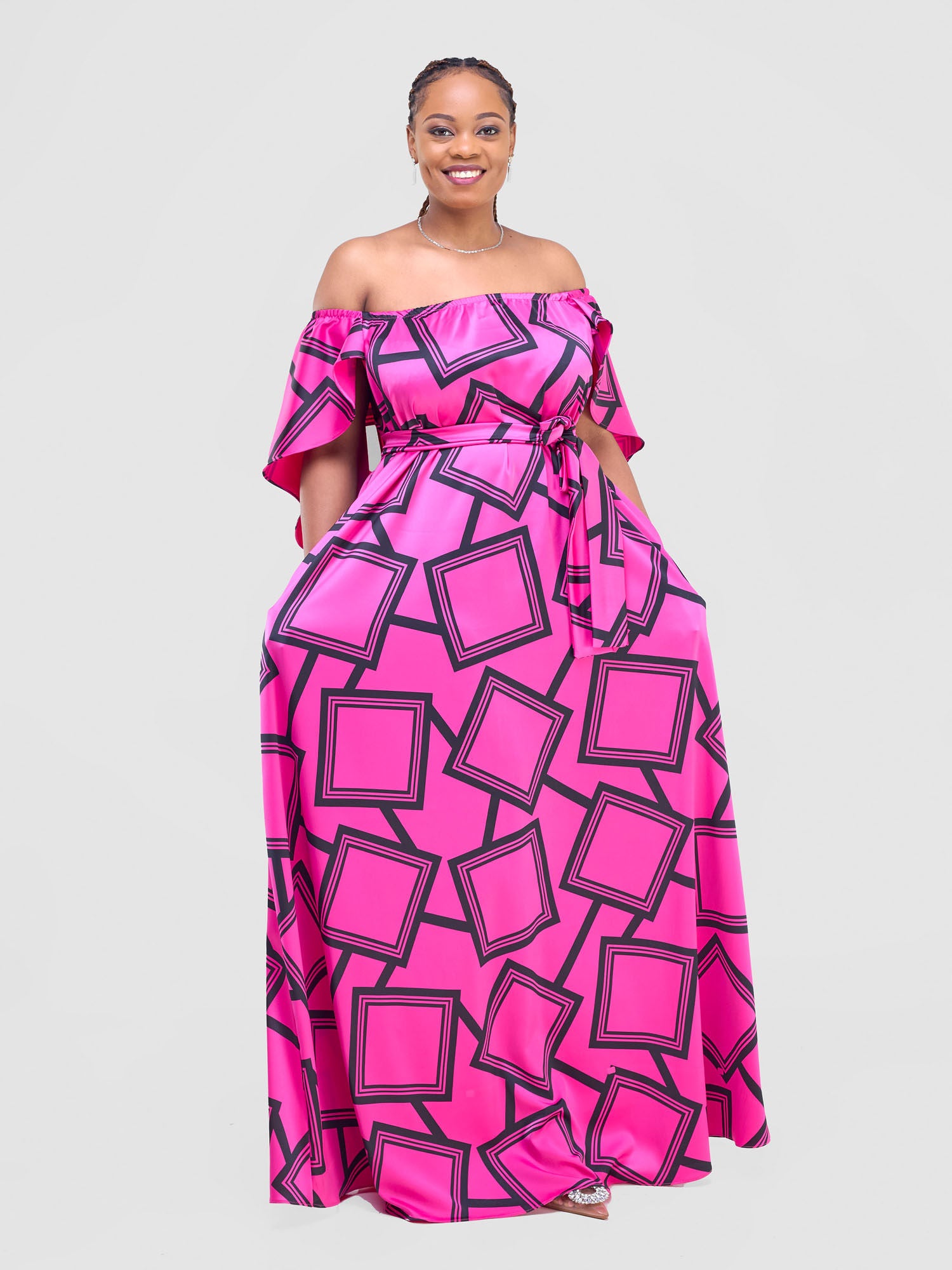 Vivo Amai Off-Shoulder Maxi Dress - Hot Pink / Black Biya Print