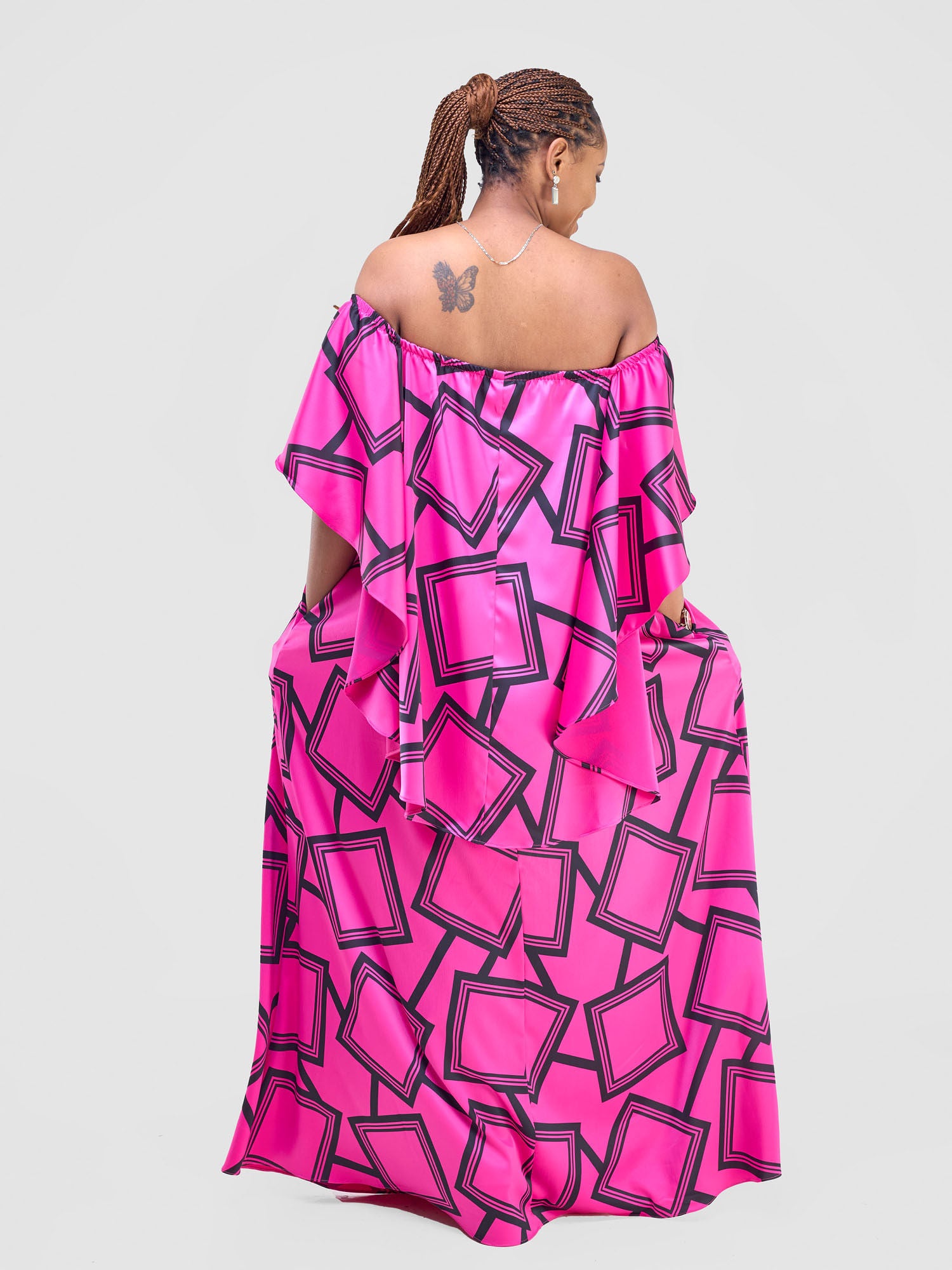 Vivo Amai Off-Shoulder Maxi Dress - Hot Pink / Black Biya Print