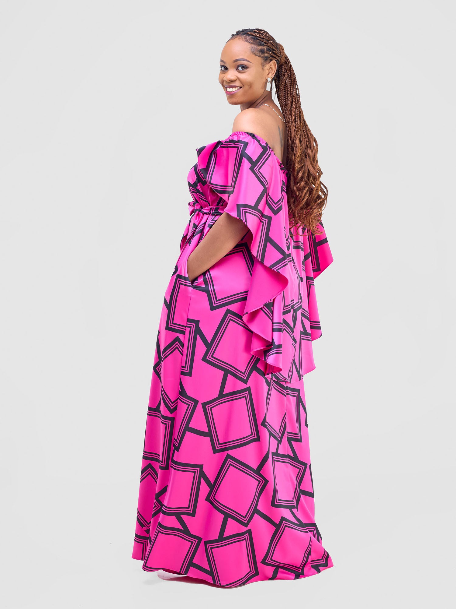 Vivo Amai Off-Shoulder Maxi Dress - Hot Pink / Black Biya Print