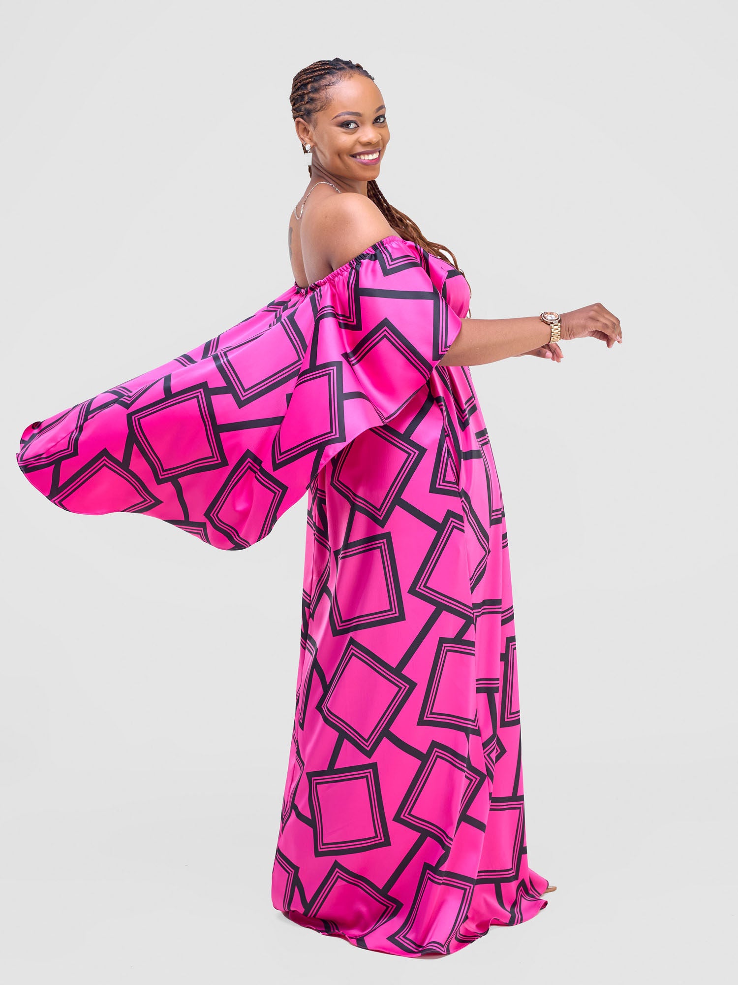 Vivo Amai Off-Shoulder Maxi Dress - Hot Pink / Black Biya Print