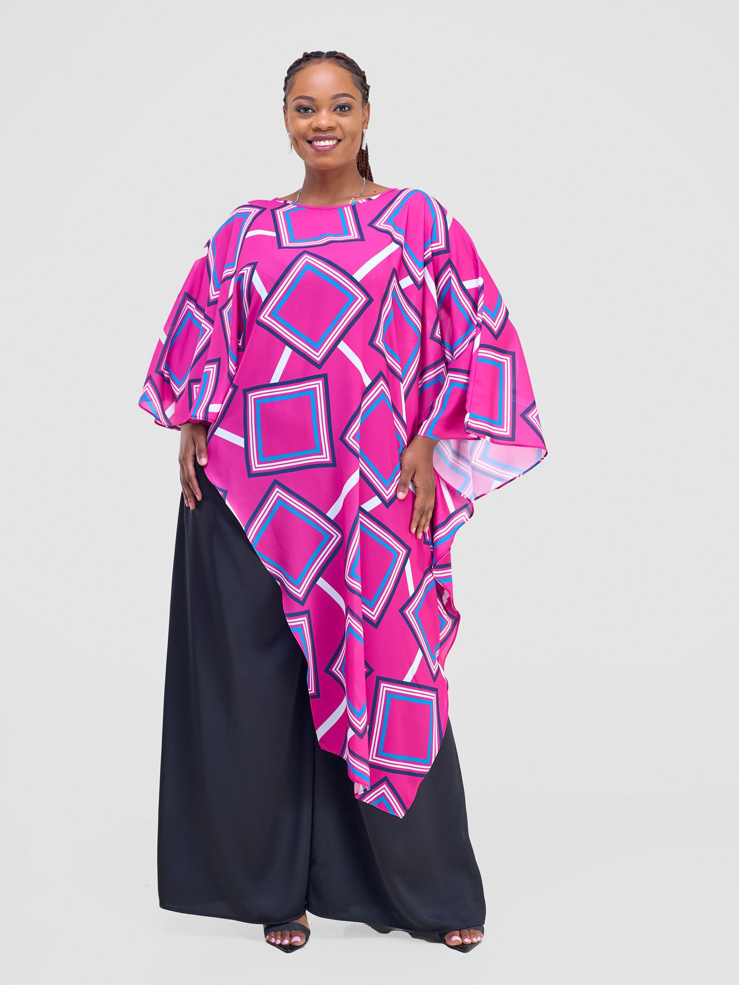 Vivo Amai Asymmetrical Cape - Pink / Blue Biya Print