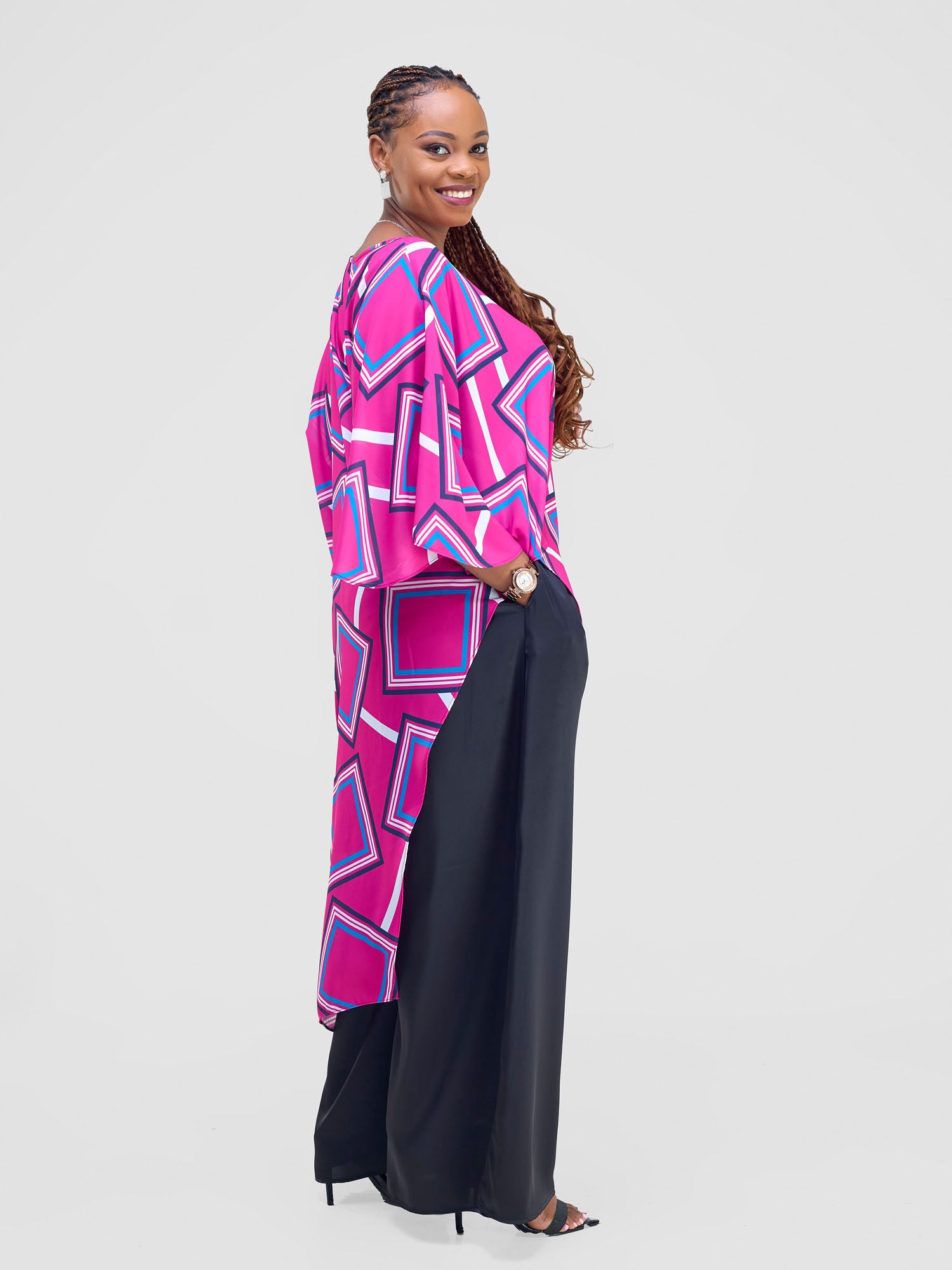 Vivo Amai Asymmetrical Cape - Pink / Blue Biya Print
