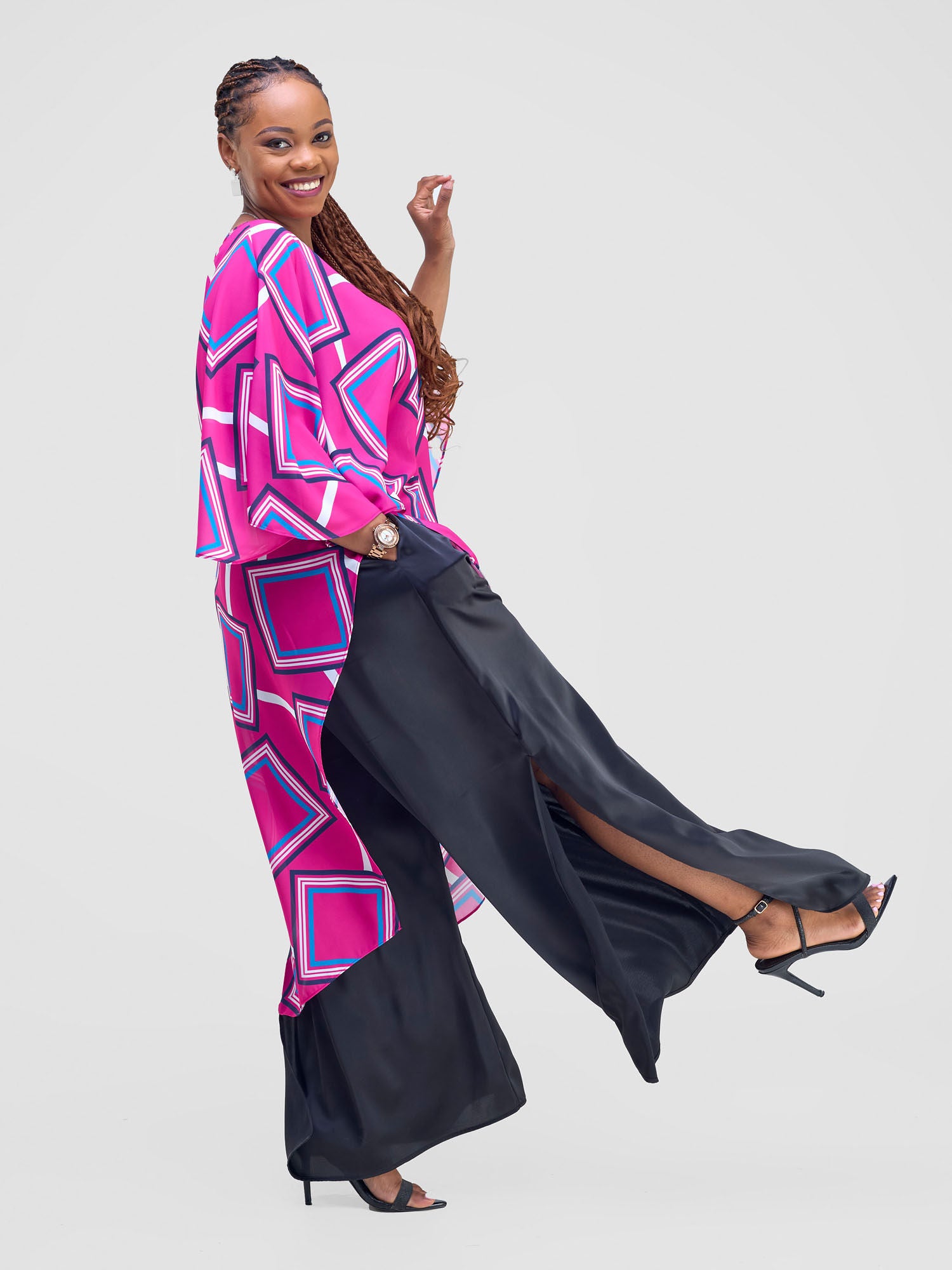 Vivo Amai Asymmetrical Cape - Pink / Blue Biya Print