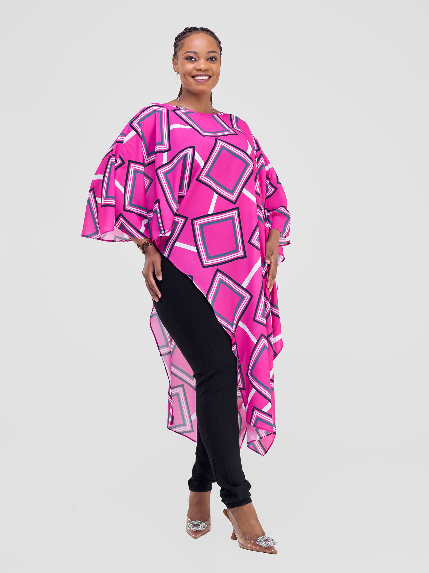 Vivo Amai Asymmetrical Cape - Pink / Blue Biya Print