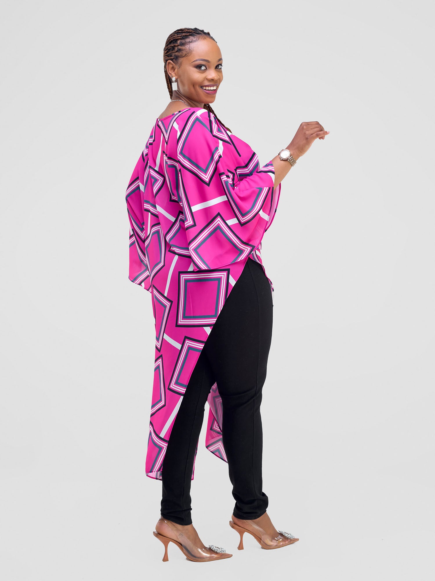 Vivo Amai Asymmetrical Cape - Pink / Blue Biya Print