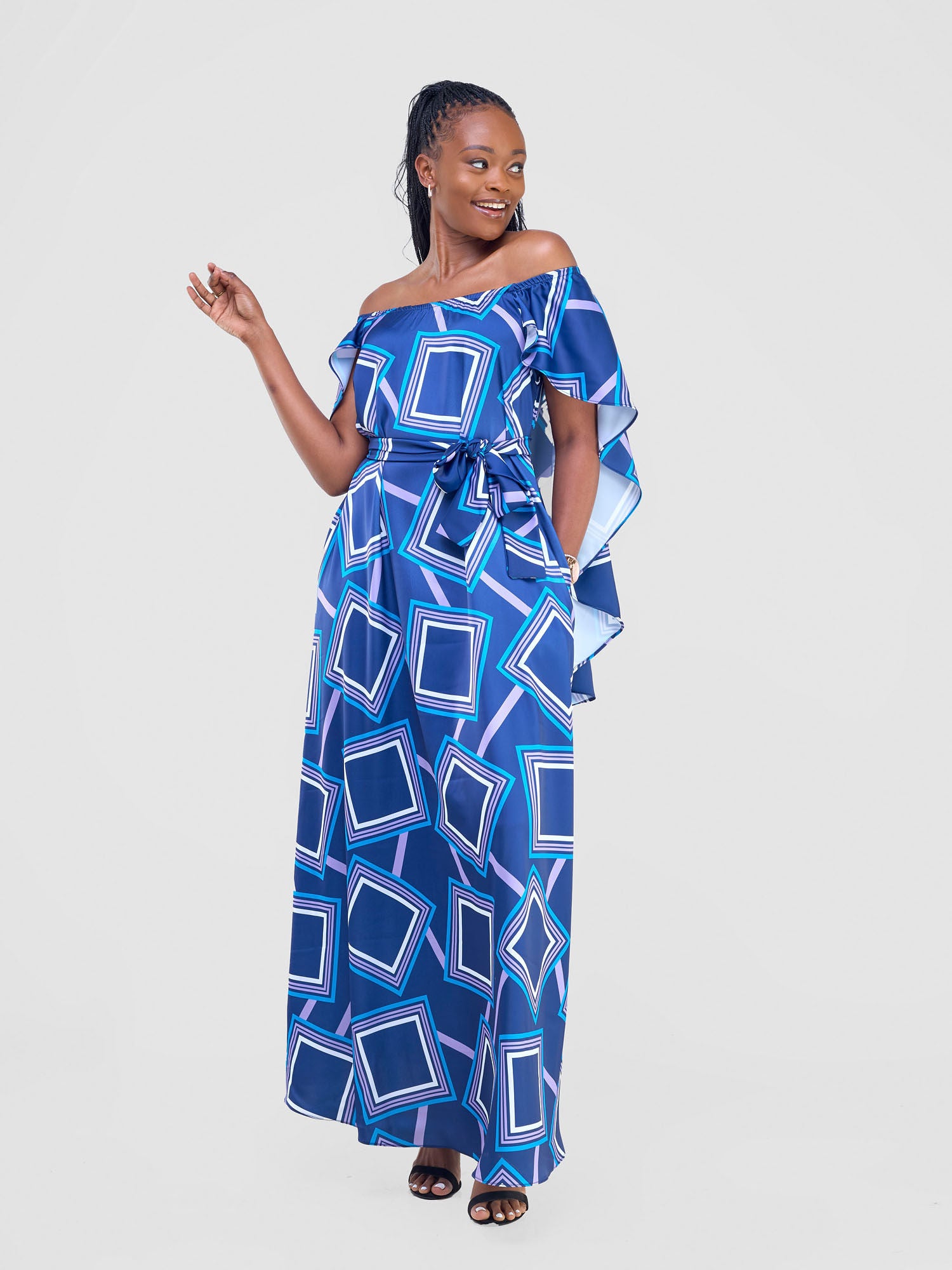 Vivo Amai Off-Shoulder Maxi Dress - Navy / Blue Biya Print