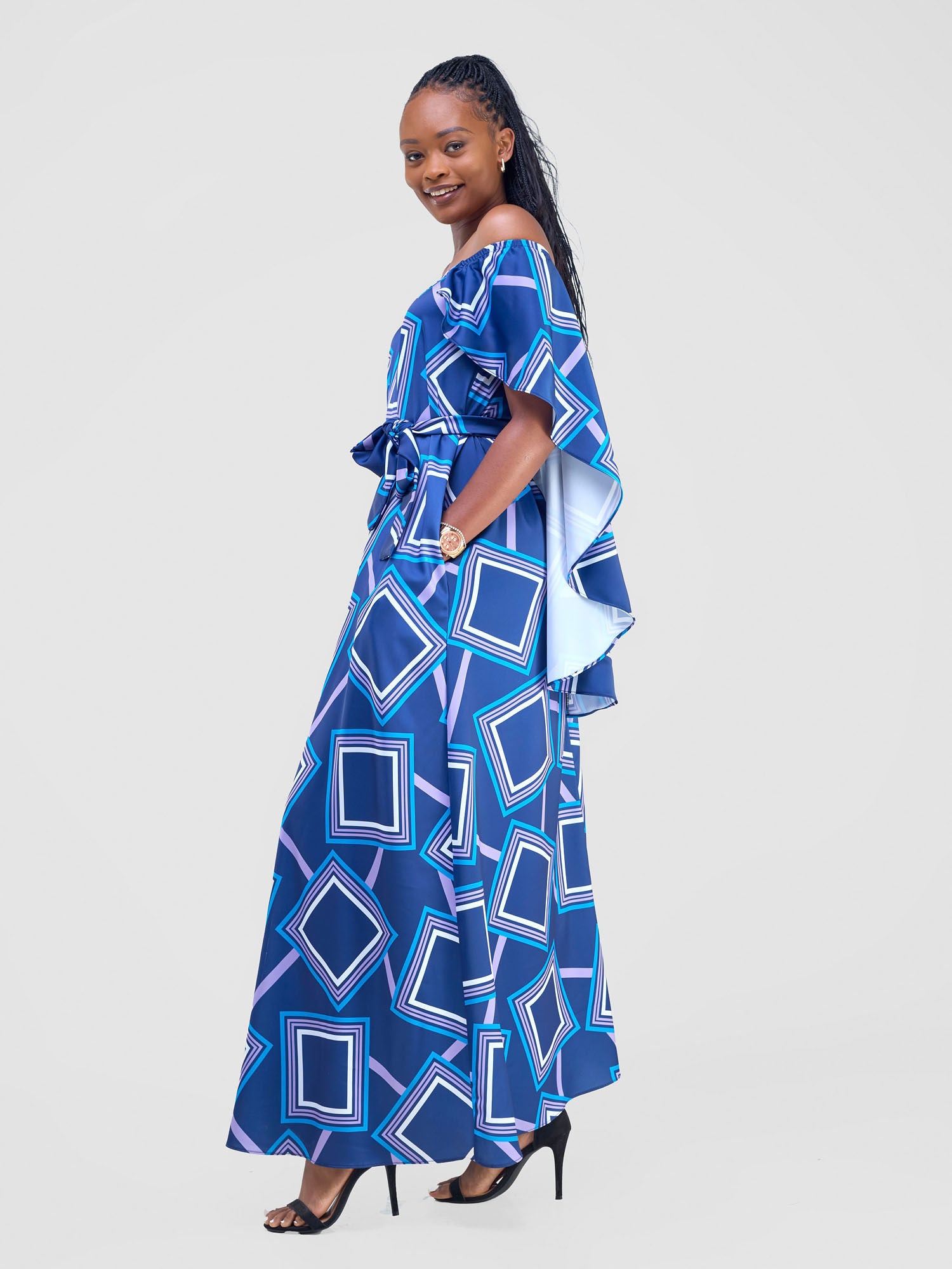 Vivo Amai Off-Shoulder Maxi Dress - Navy / Blue Biya Print