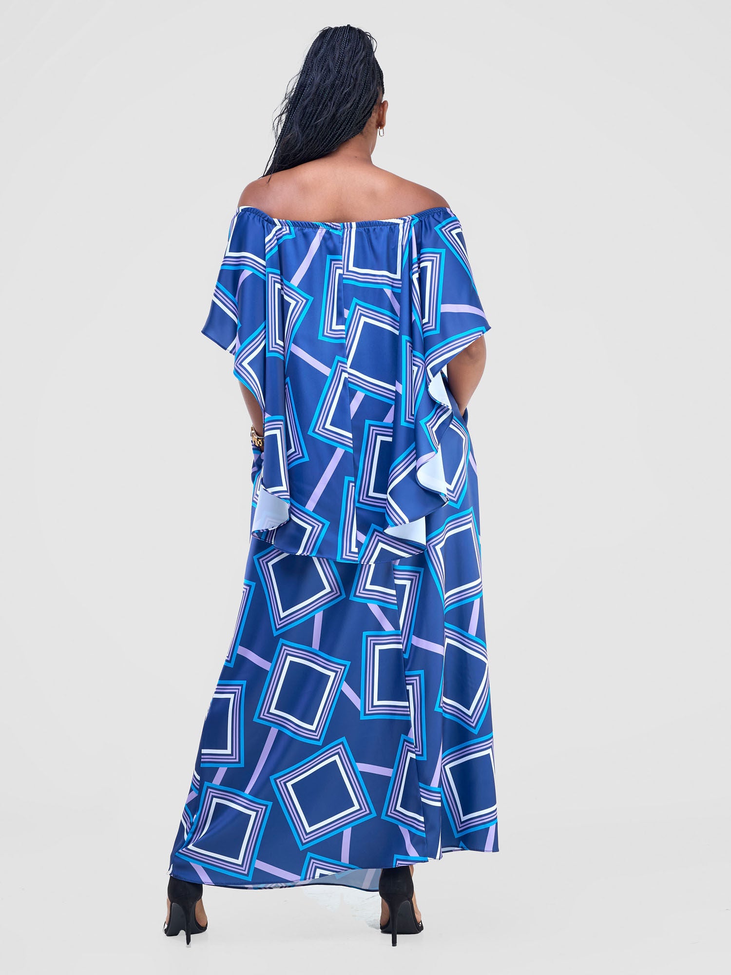 Vivo Amai Off-Shoulder Maxi Dress - Navy / Blue Biya Print