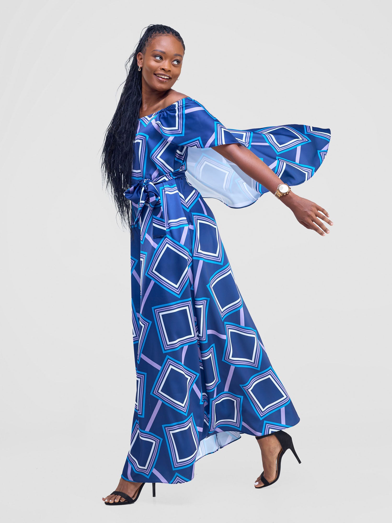 Vivo Amai Off-Shoulder Maxi Dress - Navy / Blue Biya Print