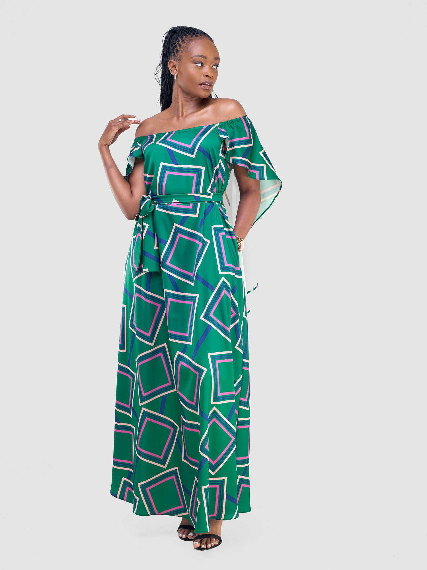 Vivo Amai Off-Shoulder Maxi Dress - Green / Navy Biya Print