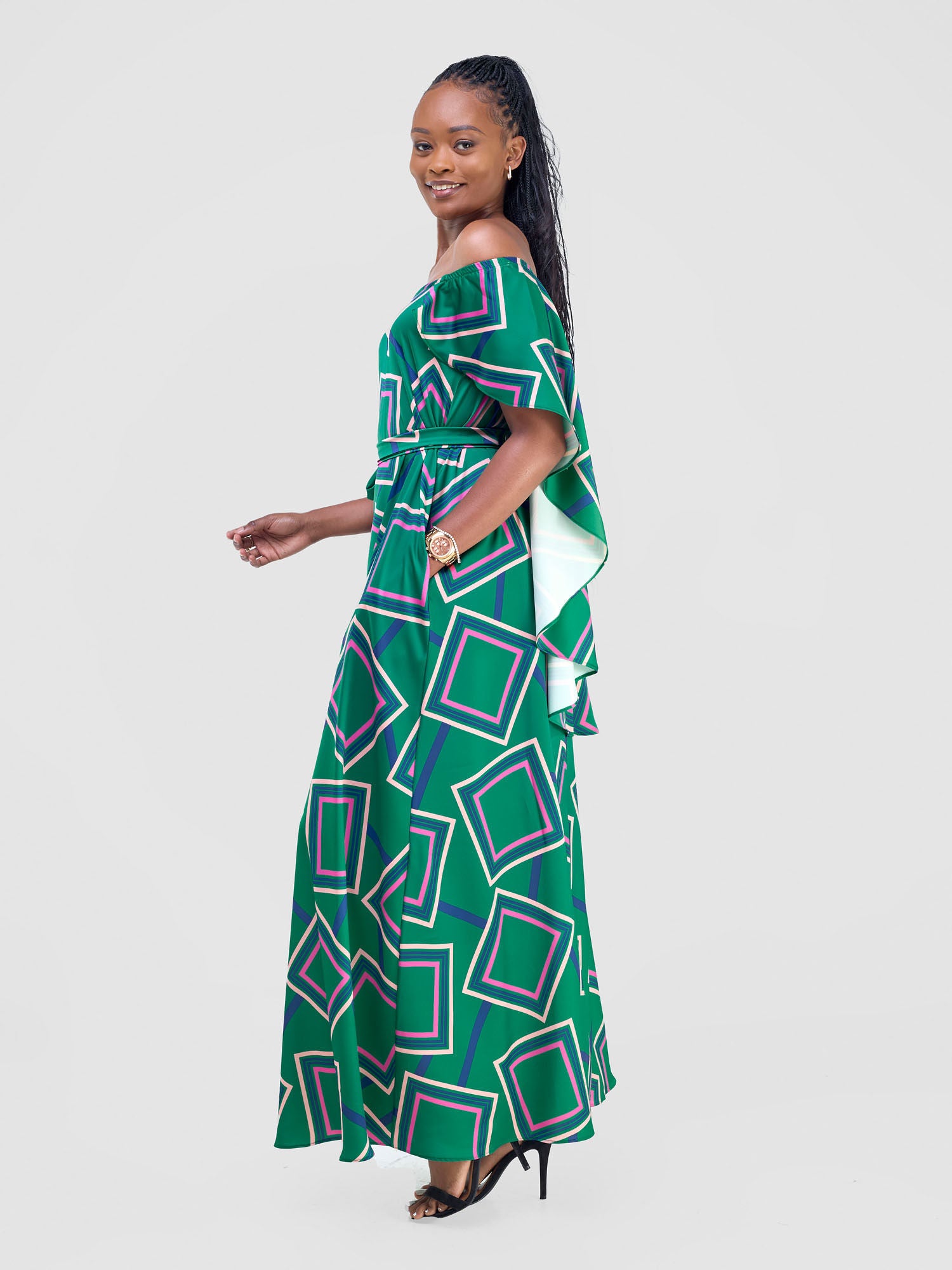 Vivo Amai Off-Shoulder Maxi Dress - Green / Navy Biya Print