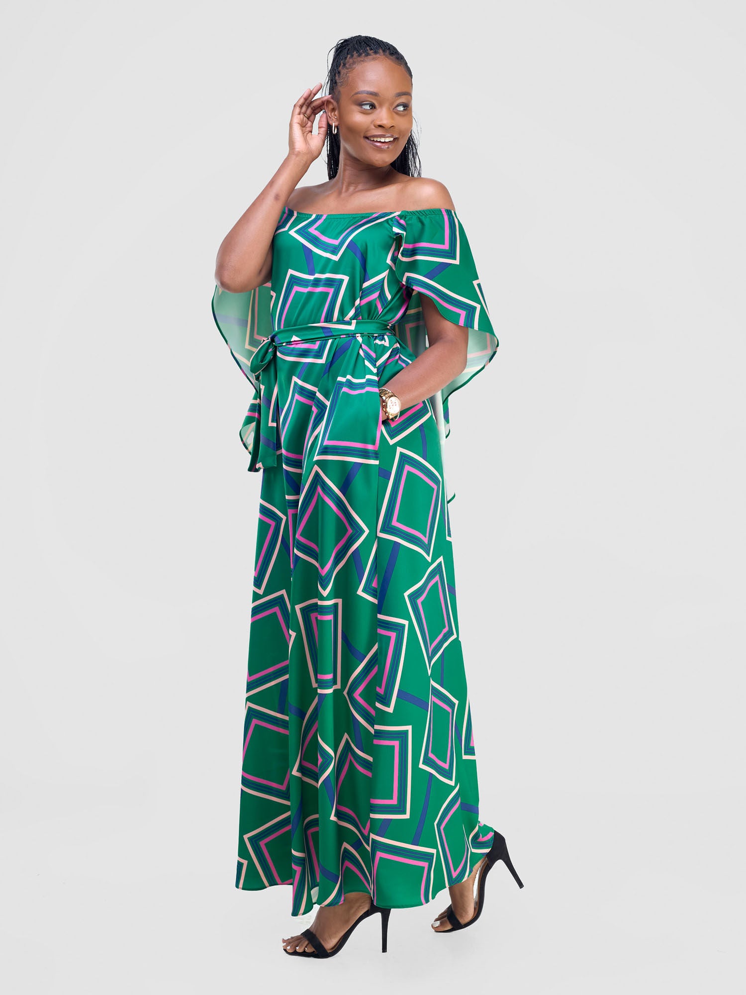 Vivo Amai Off-Shoulder Maxi Dress - Green / Navy Biya Print