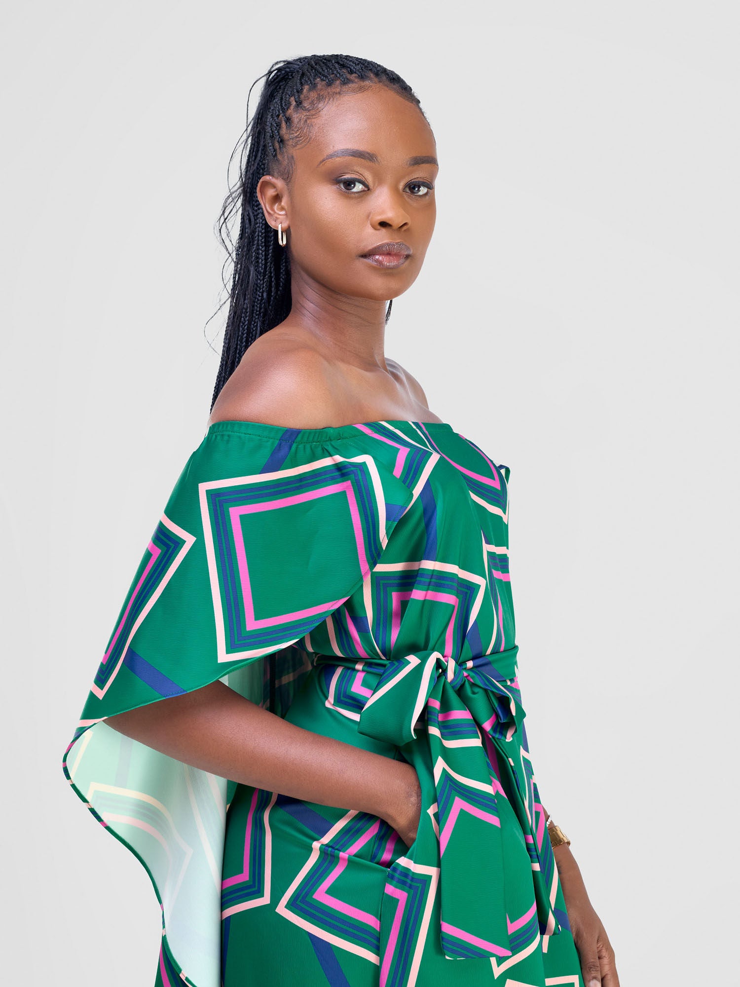 Vivo Amai Off-Shoulder Maxi Dress - Green / Navy Biya Print