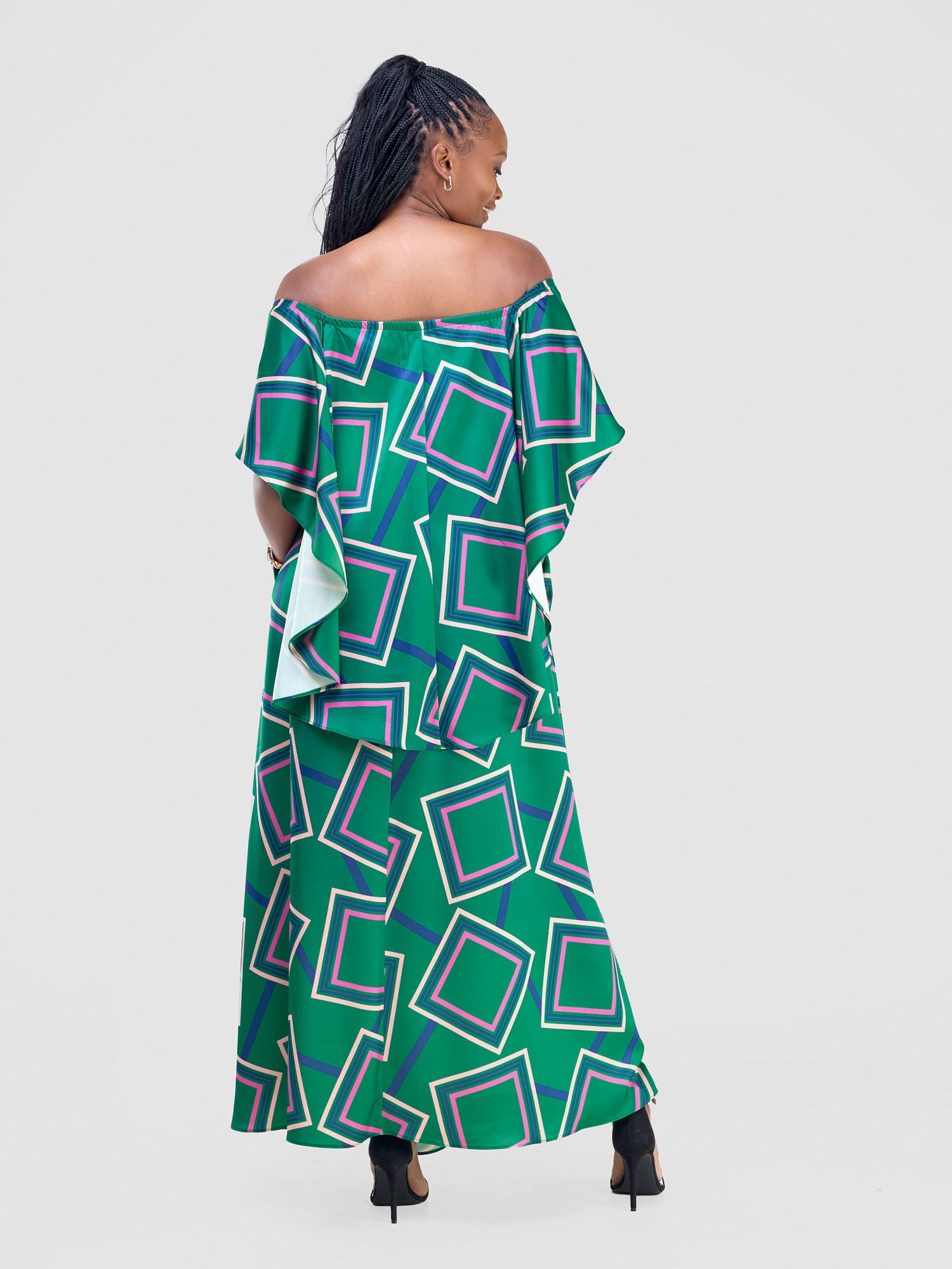 Vivo Amai Off-Shoulder Maxi Dress - Green / Navy Biya Print