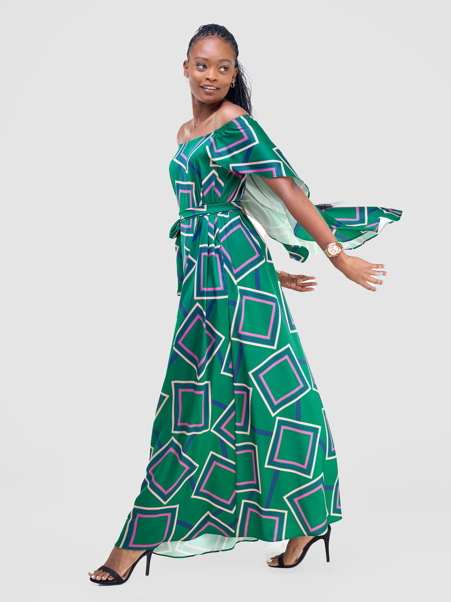 Vivo Amai Off-Shoulder Maxi Dress - Green / Navy Biya Print