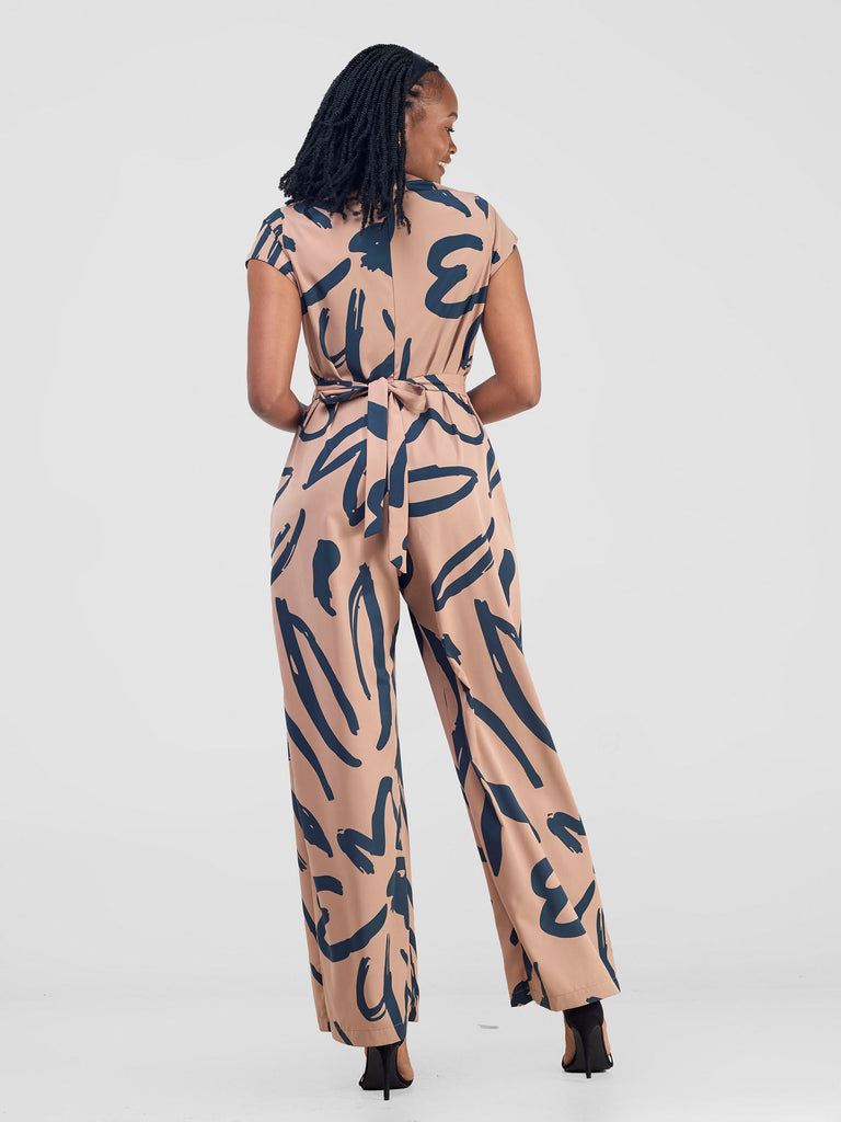 Vivo Chesi V-neck Jumpsuit - Biscuit / Navy Blue Hesi Print