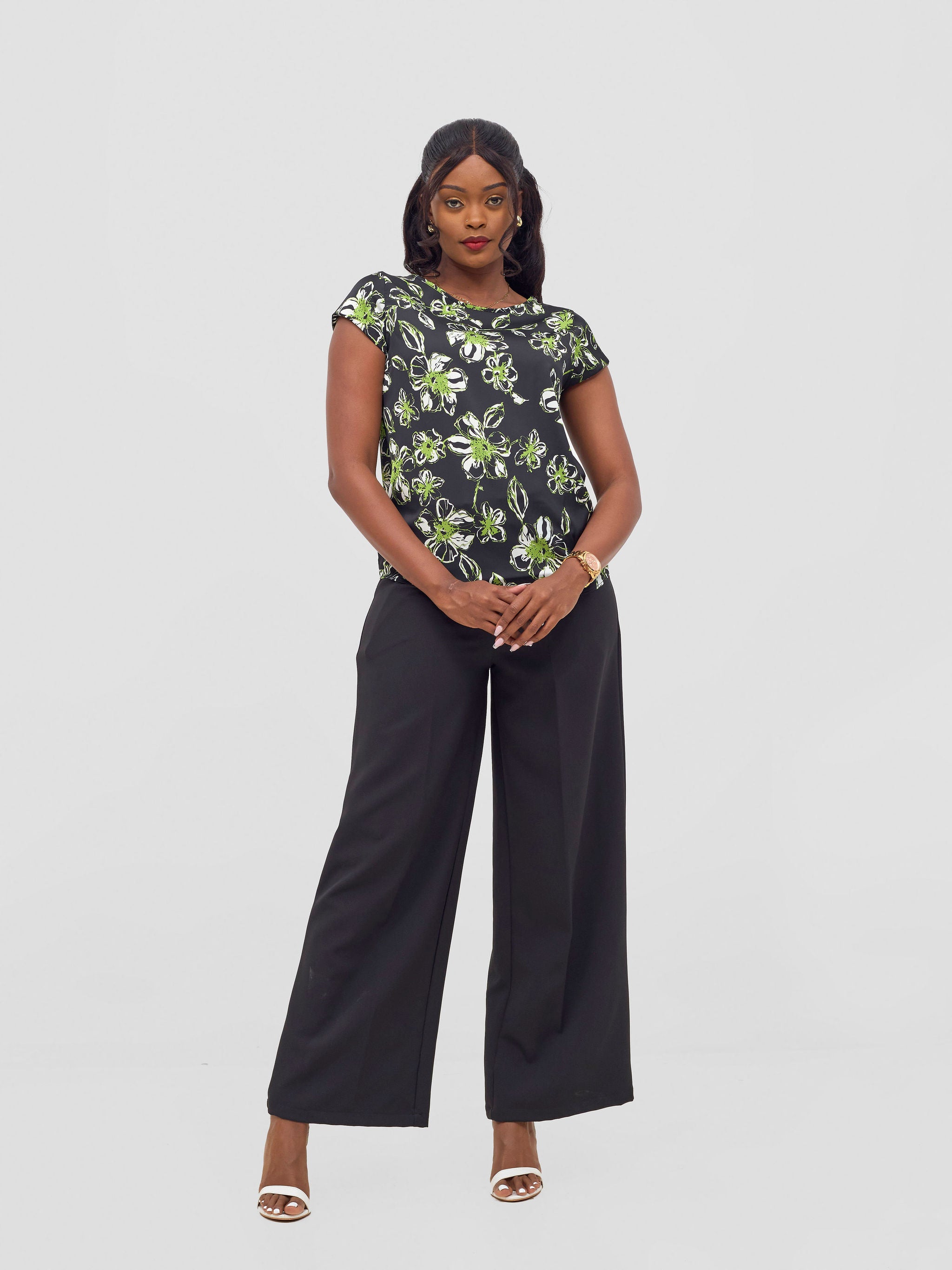 Vivo Basic Satin Cap Sleeve Top - Black / Green Bai Print