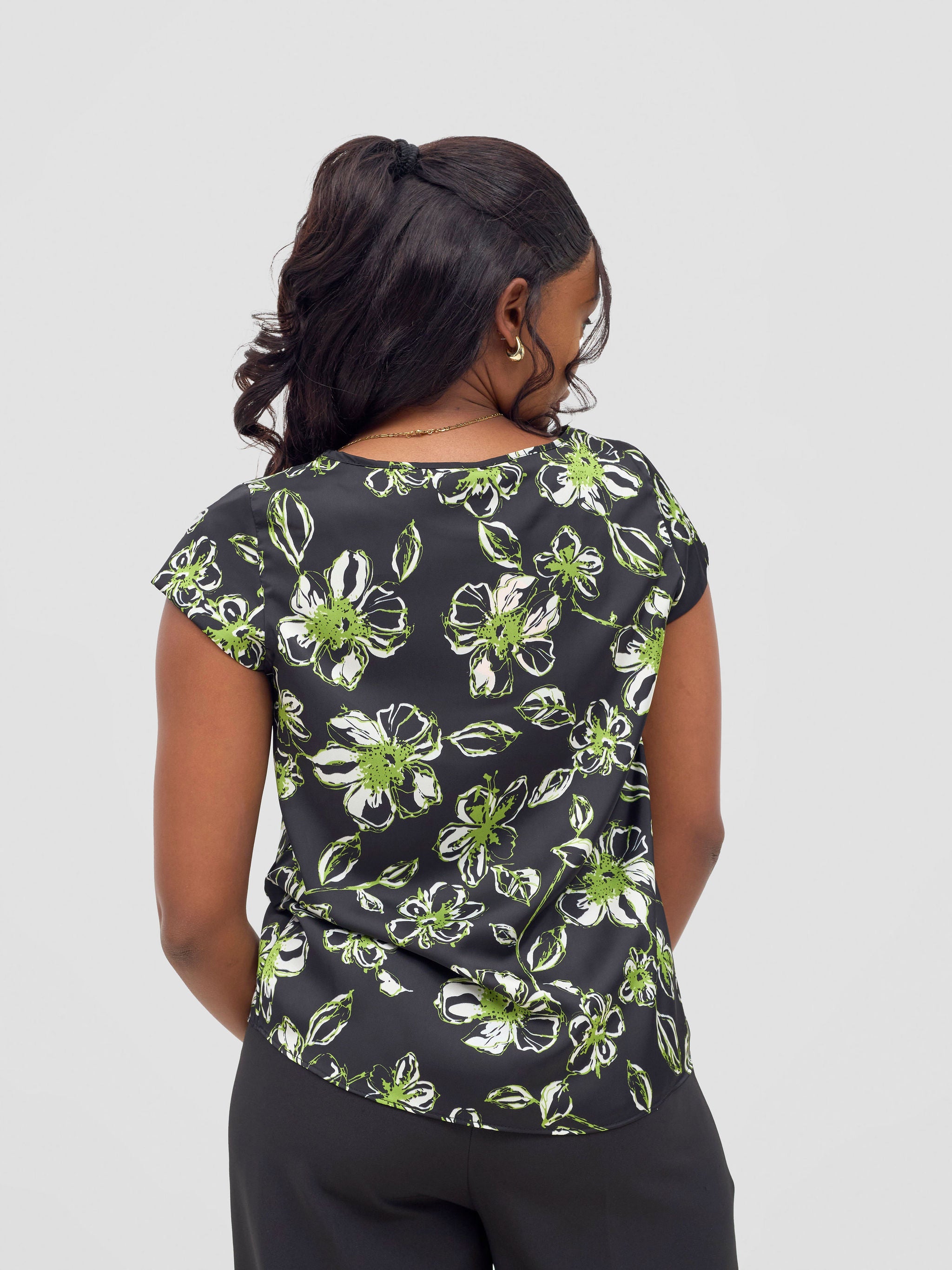 Vivo Basic Satin Cap Sleeve Top - Black / Green Bai Print