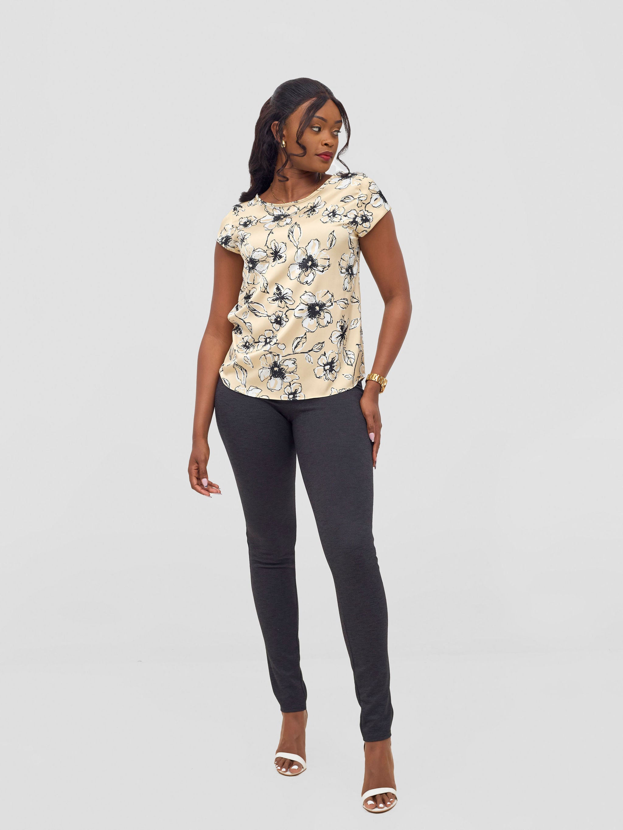 Vivo Basic Satin Cap Sleeve Top - Beige / Green Bai Print