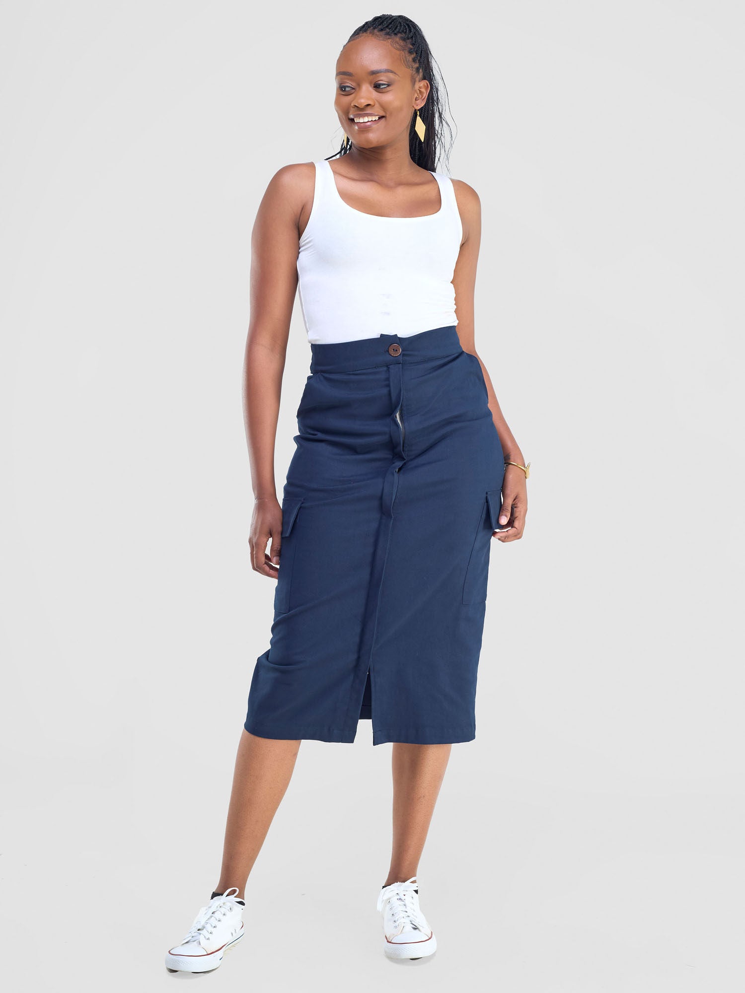 Safari Kamari Front Slit Midi Skirt - Navy