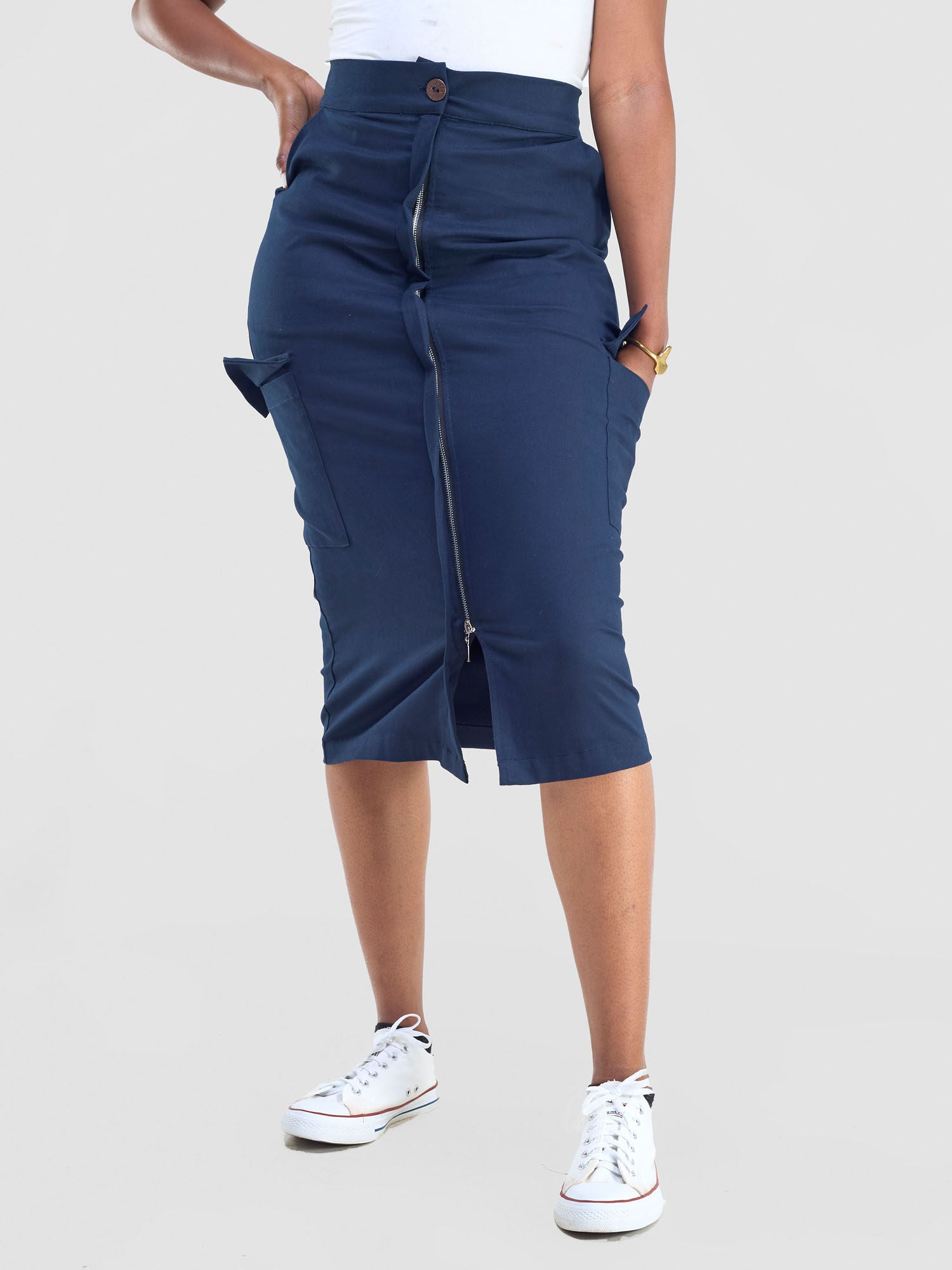 Safari Kamari Front Slit Midi Skirt - Navy