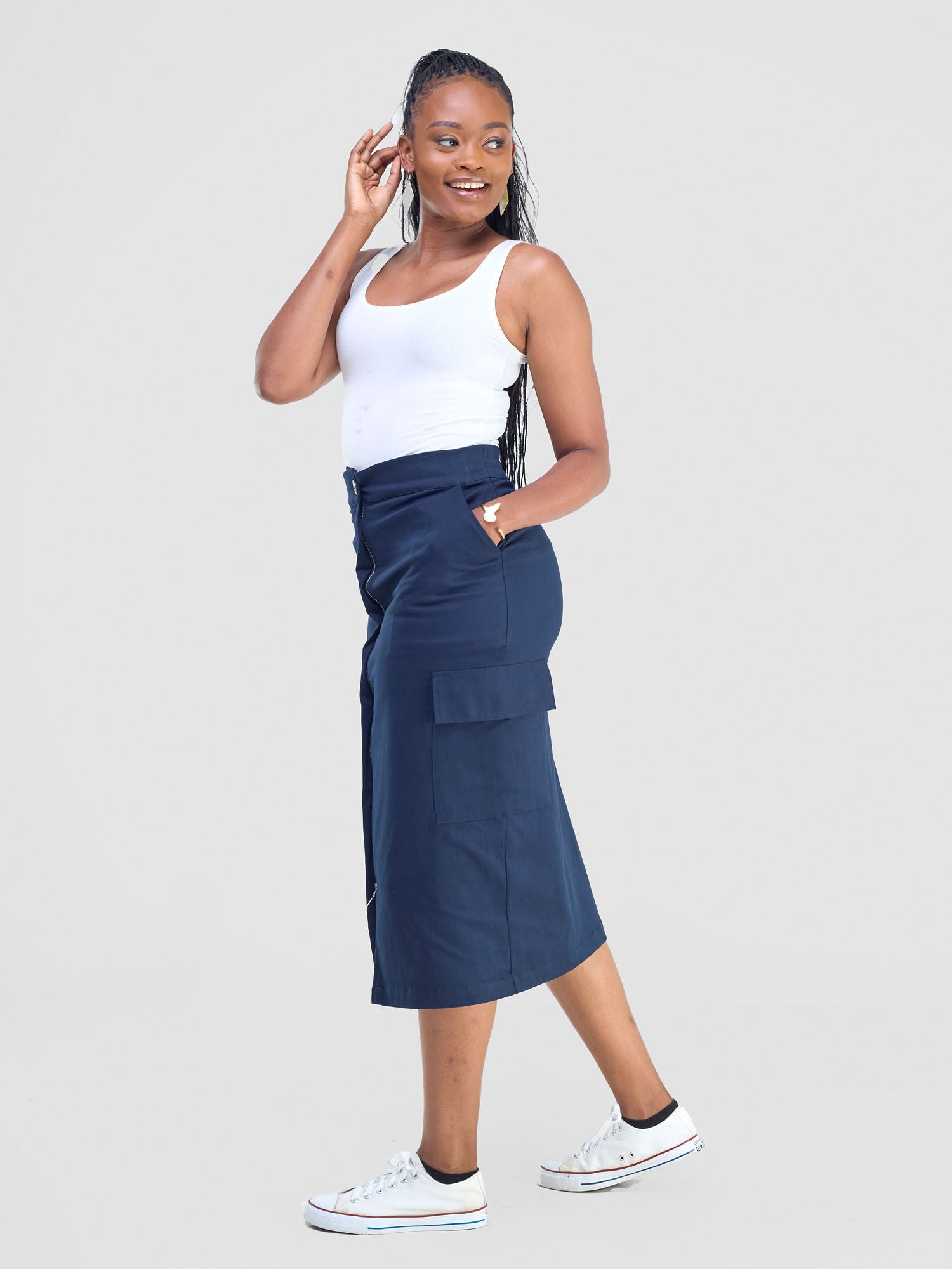 Safari Kamari Front Slit Midi Skirt - Navy