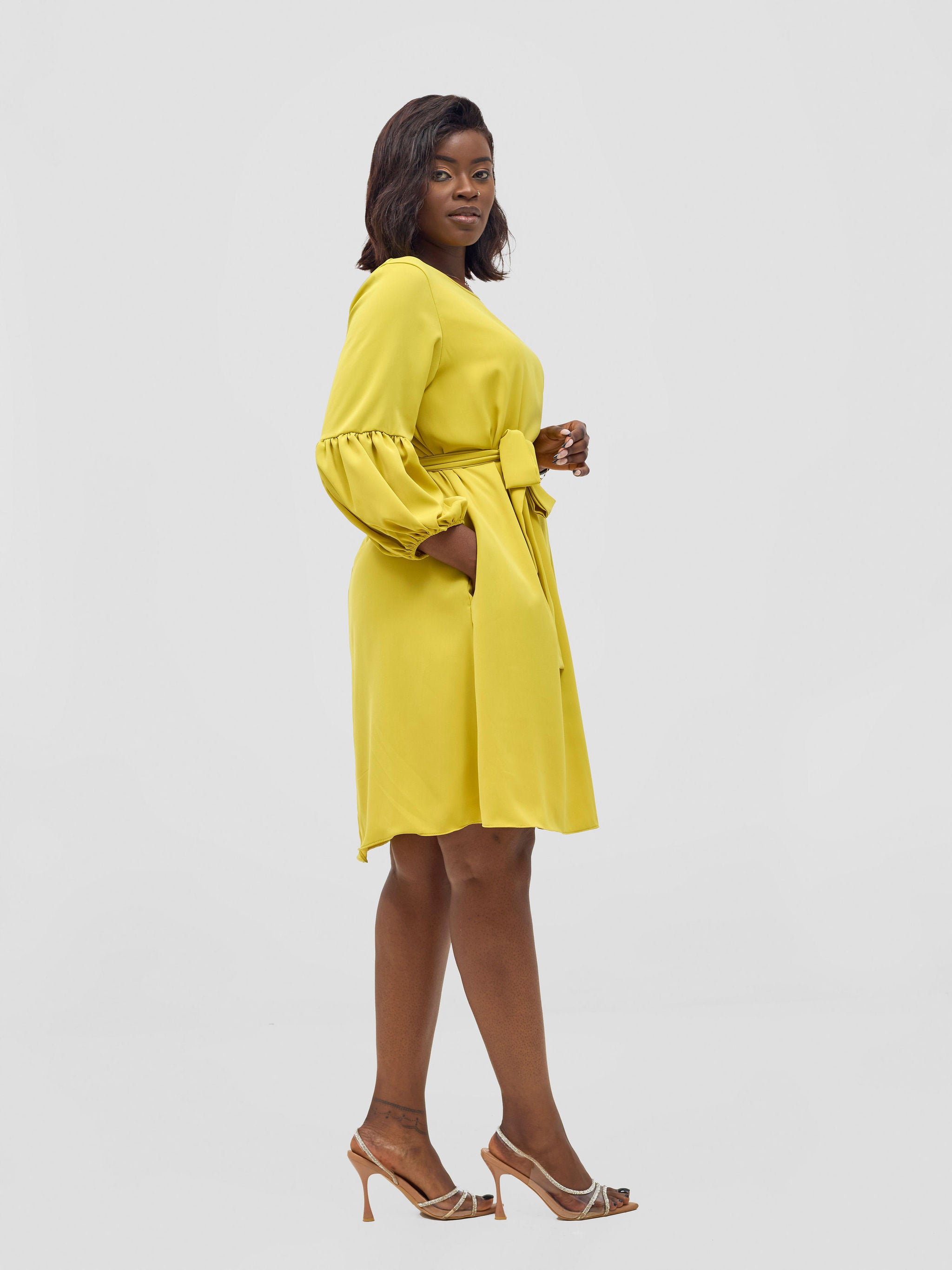 Vivo Zena Bishop Panel Long Sleeve Round Neck Dress - Lime Green