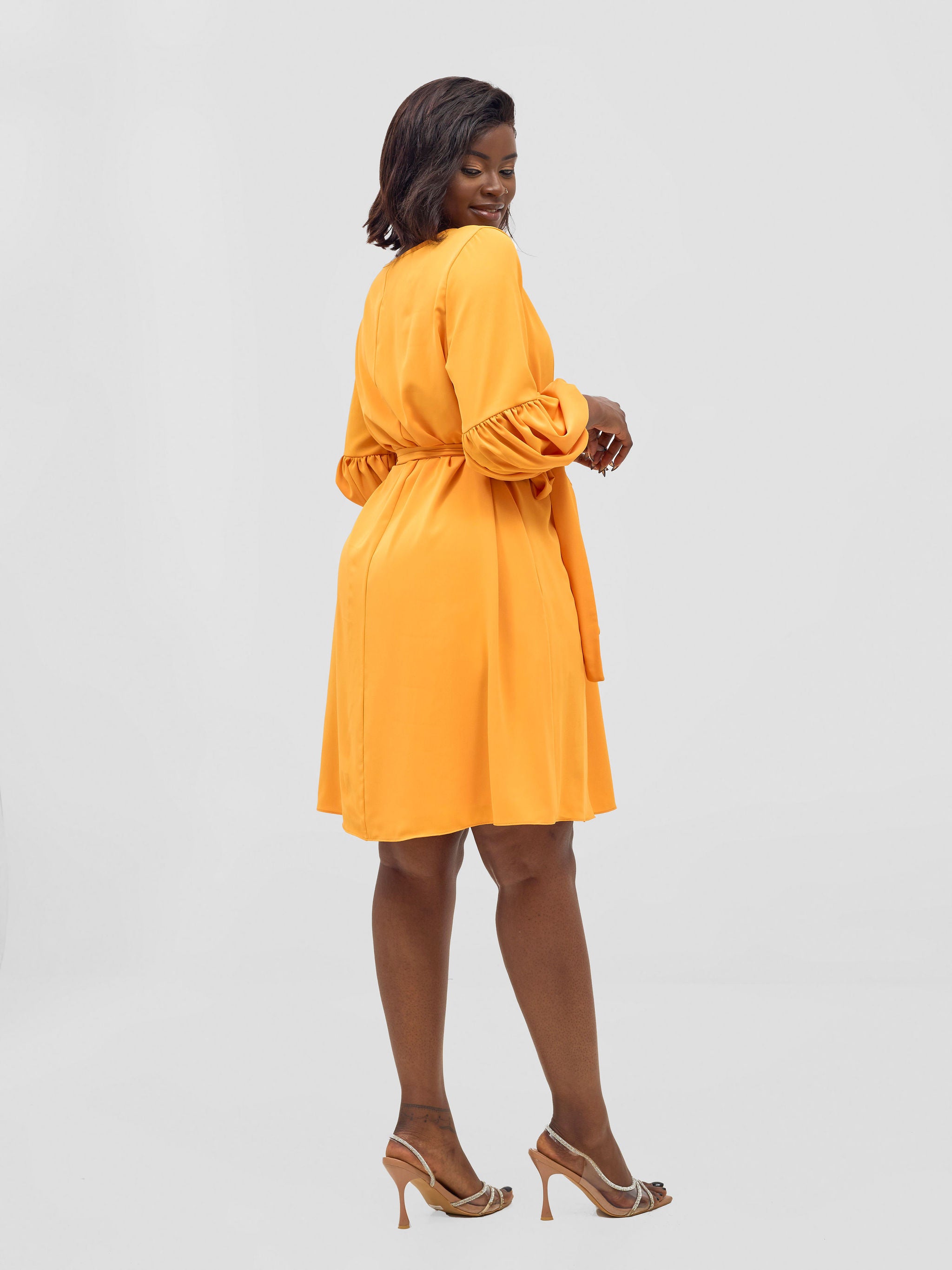 Vivo Zena Bishop Panel Long Sleeve Round Neck Dress - Light Orange