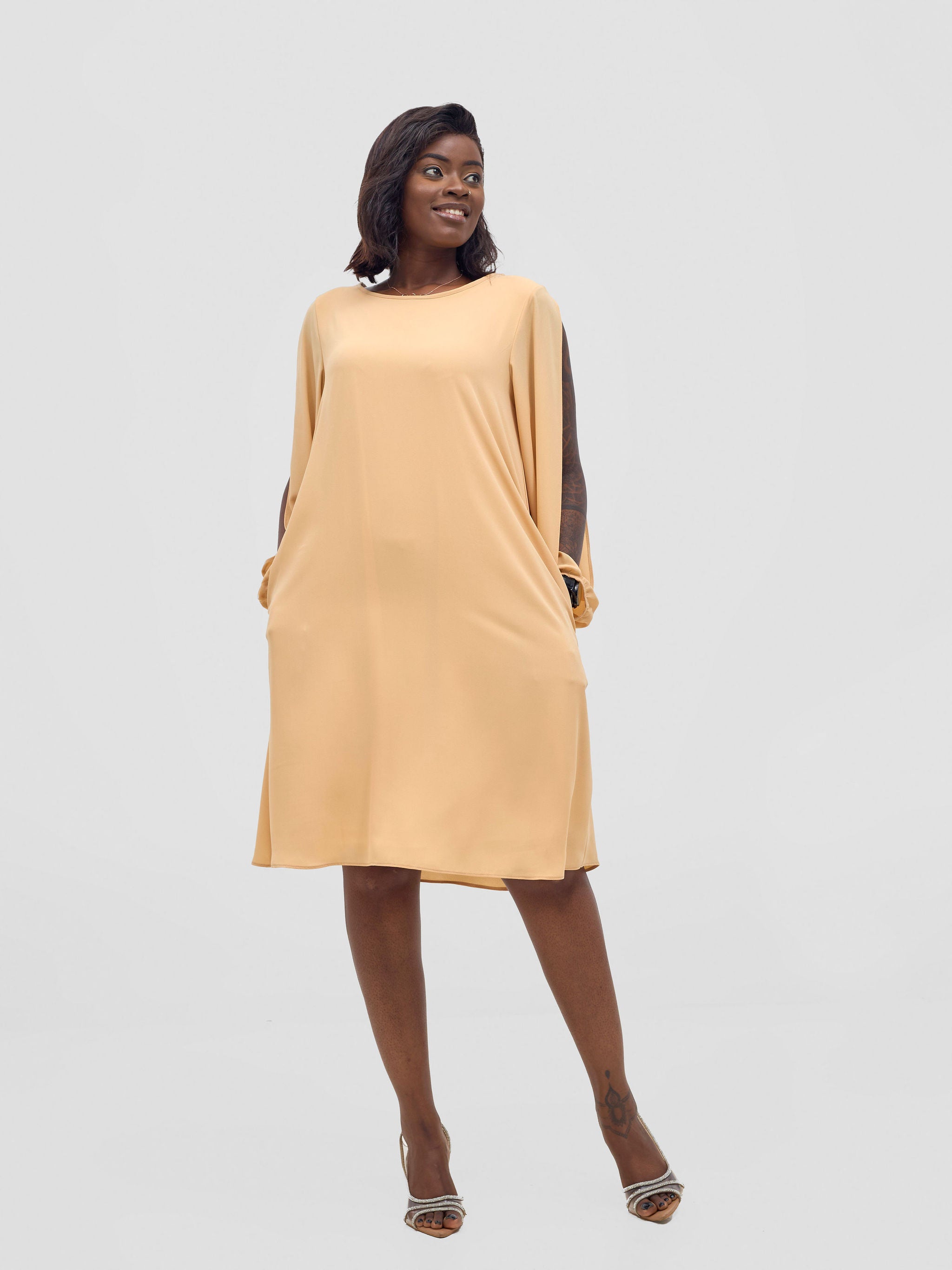 Vivo Lamu Knee Length Chiffon Dress - Beige