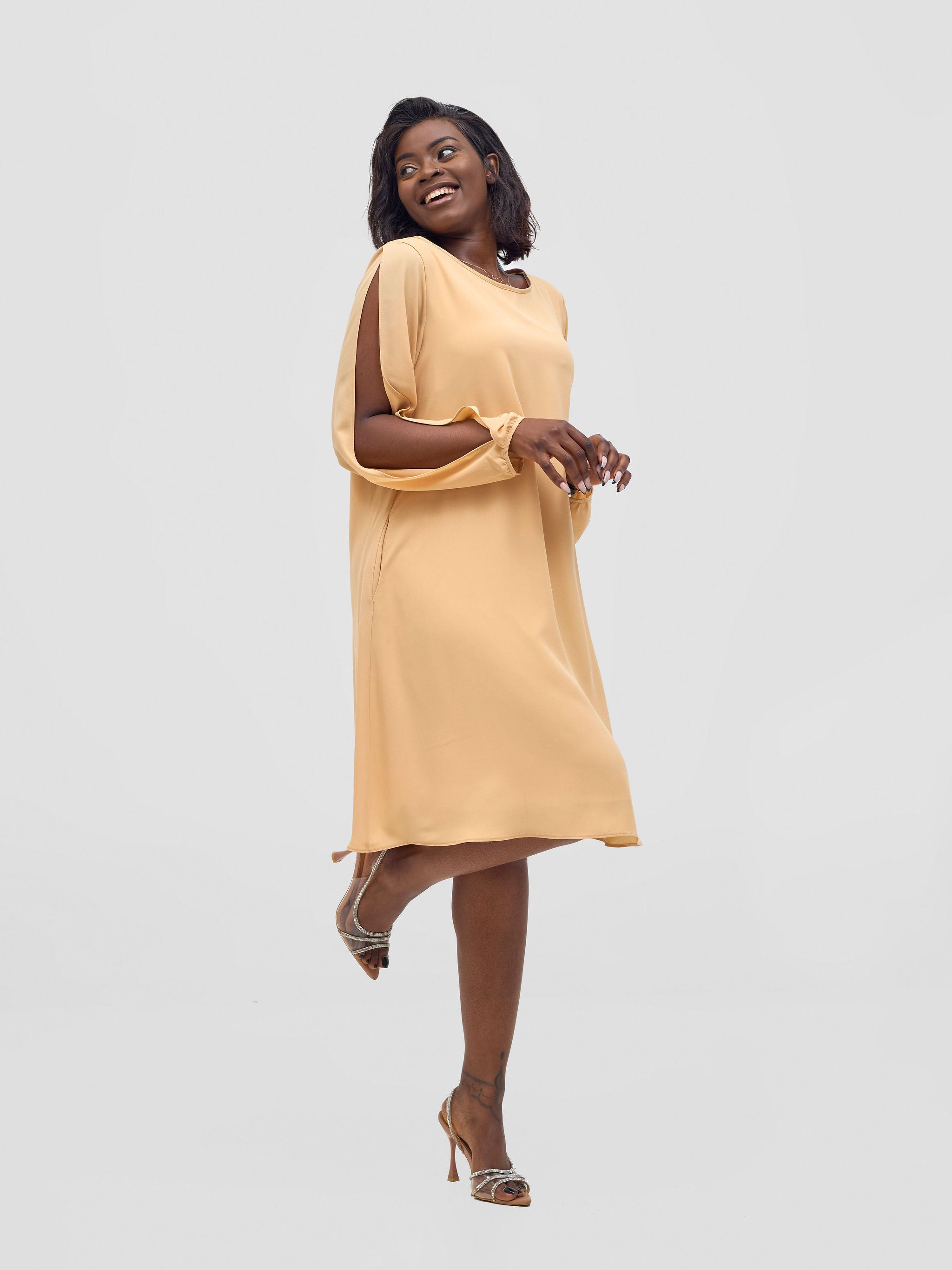 Vivo Lamu Knee Length Chiffon Dress - Beige