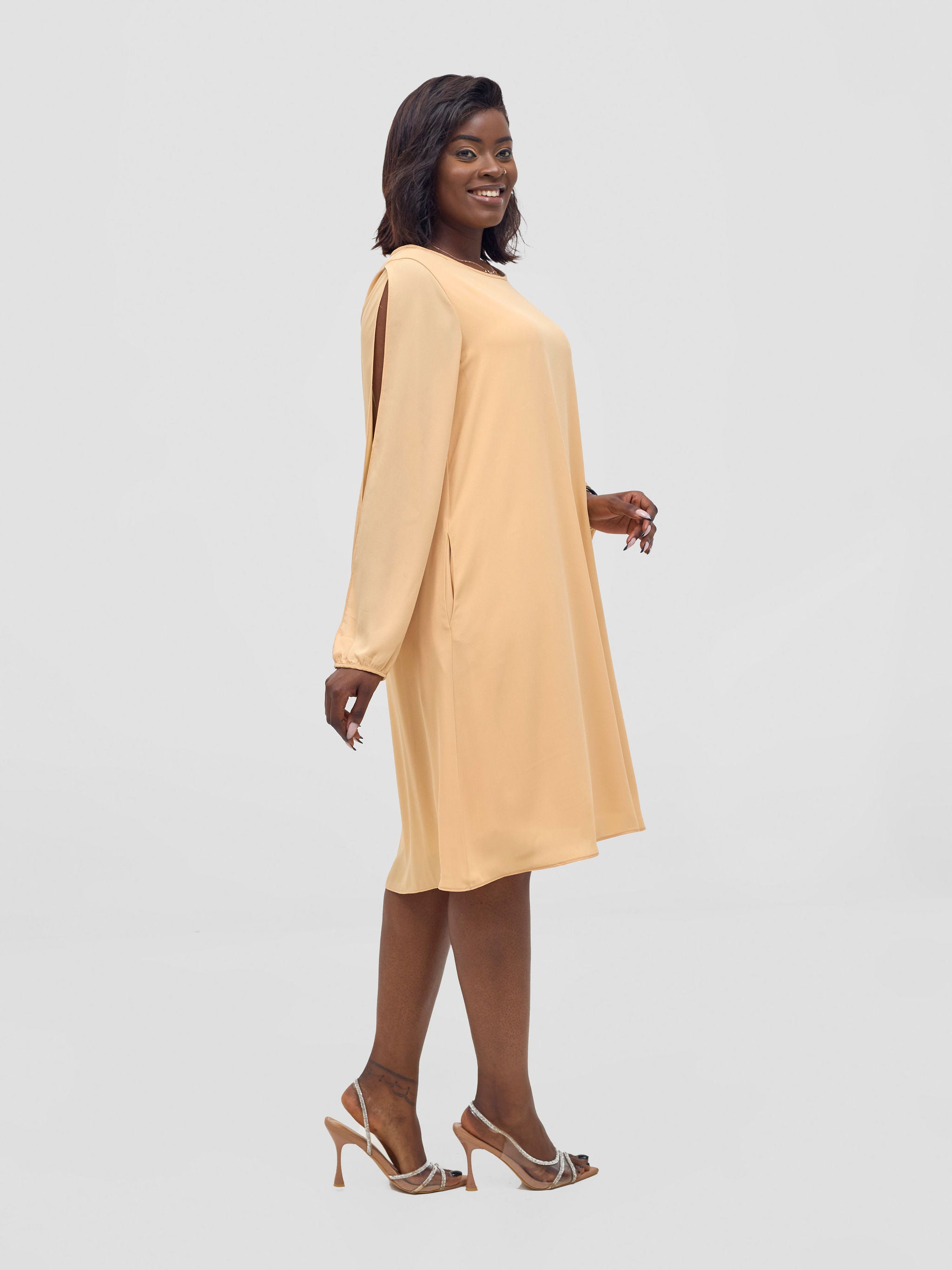 Vivo Lamu Knee Length Chiffon Dress - Beige