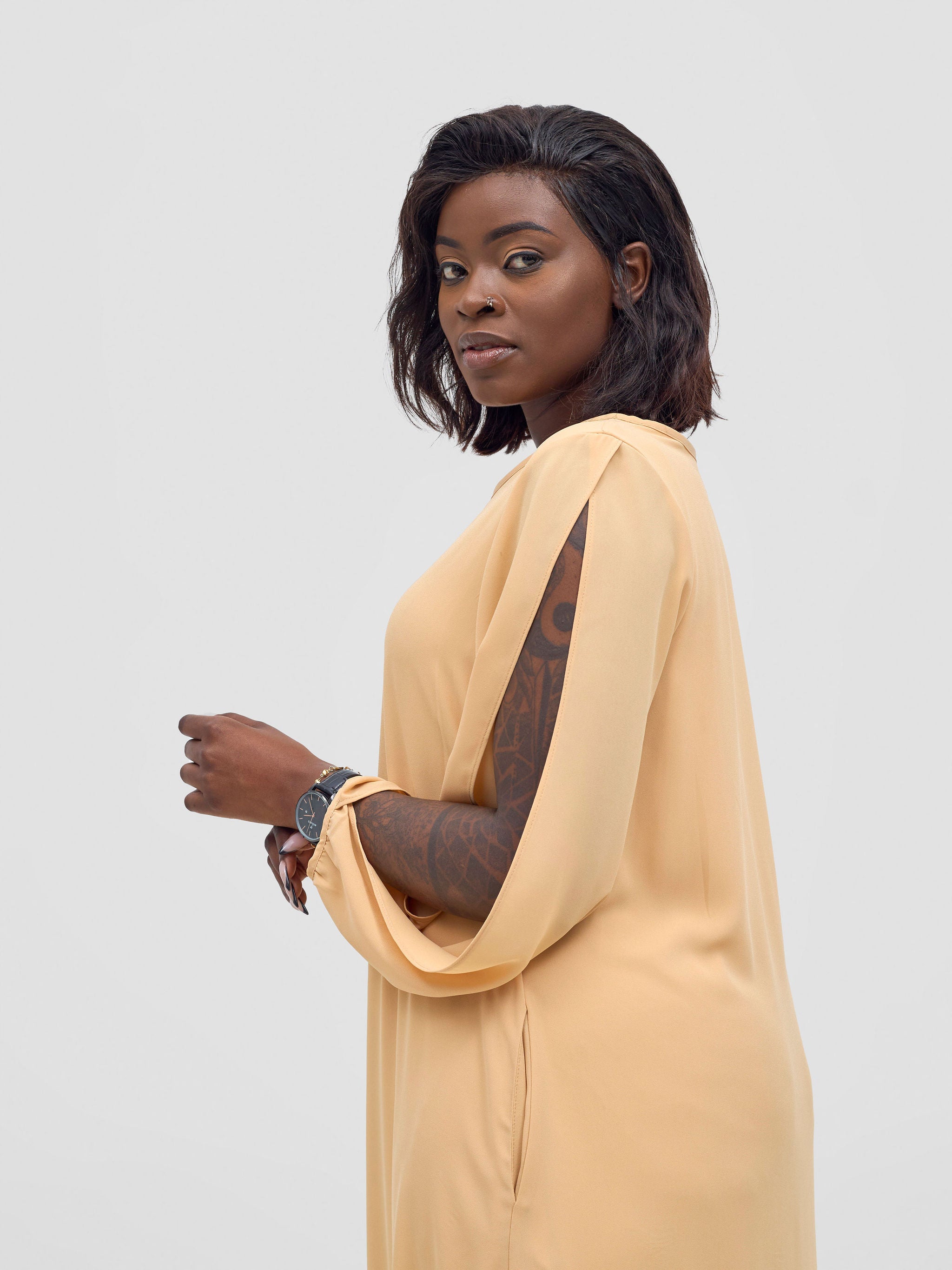 Vivo Lamu Knee Length Chiffon Dress - Beige