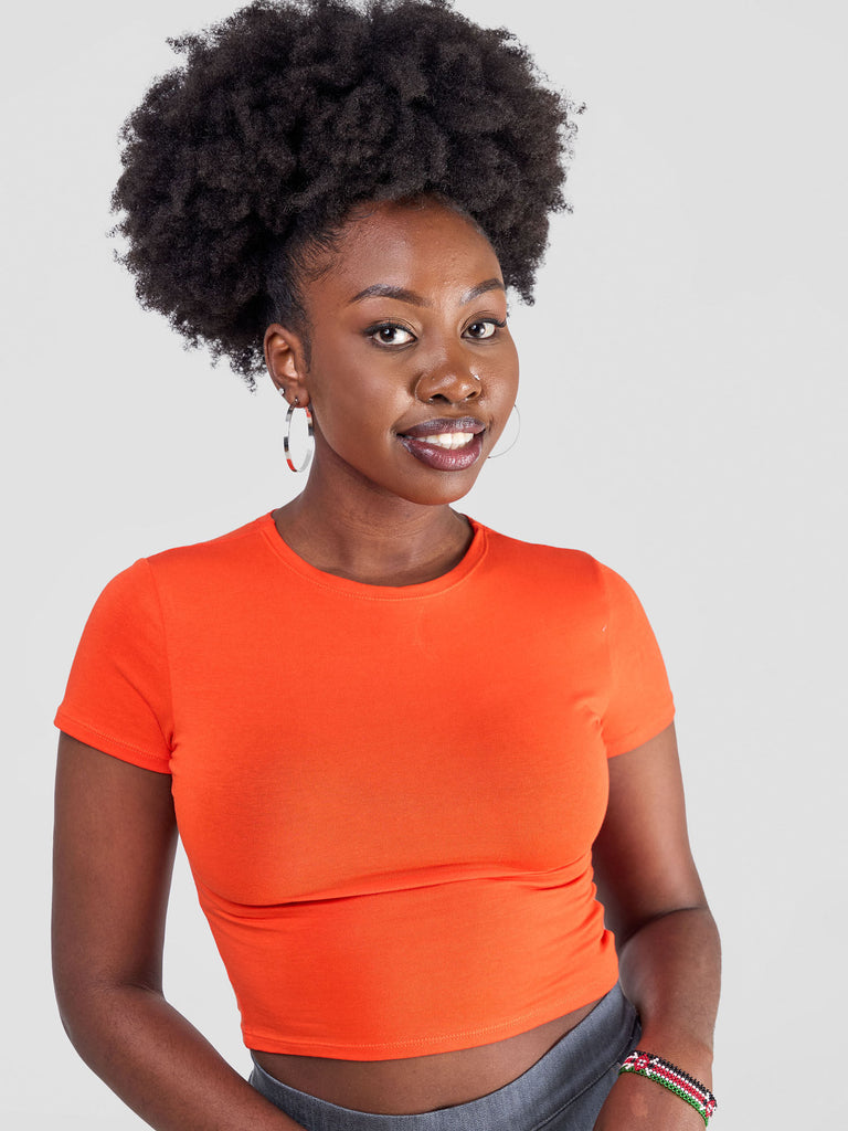 Zoya Yuni Short Sleeve Midriff Top - Orange
