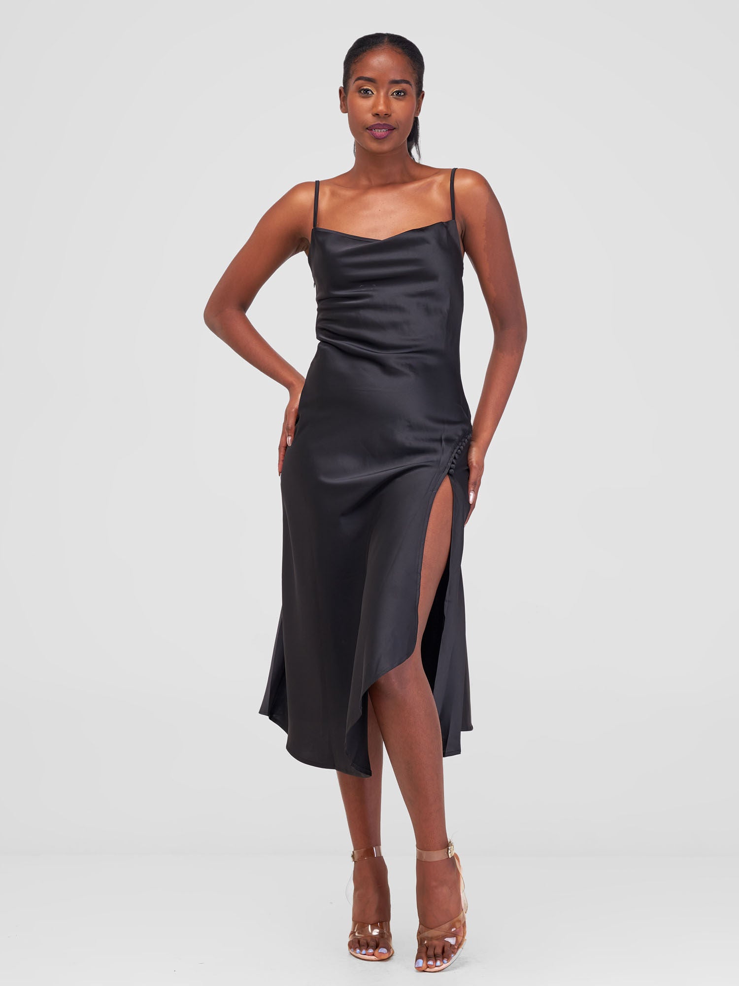 Satin Slip Dress With Side Buttons - Black