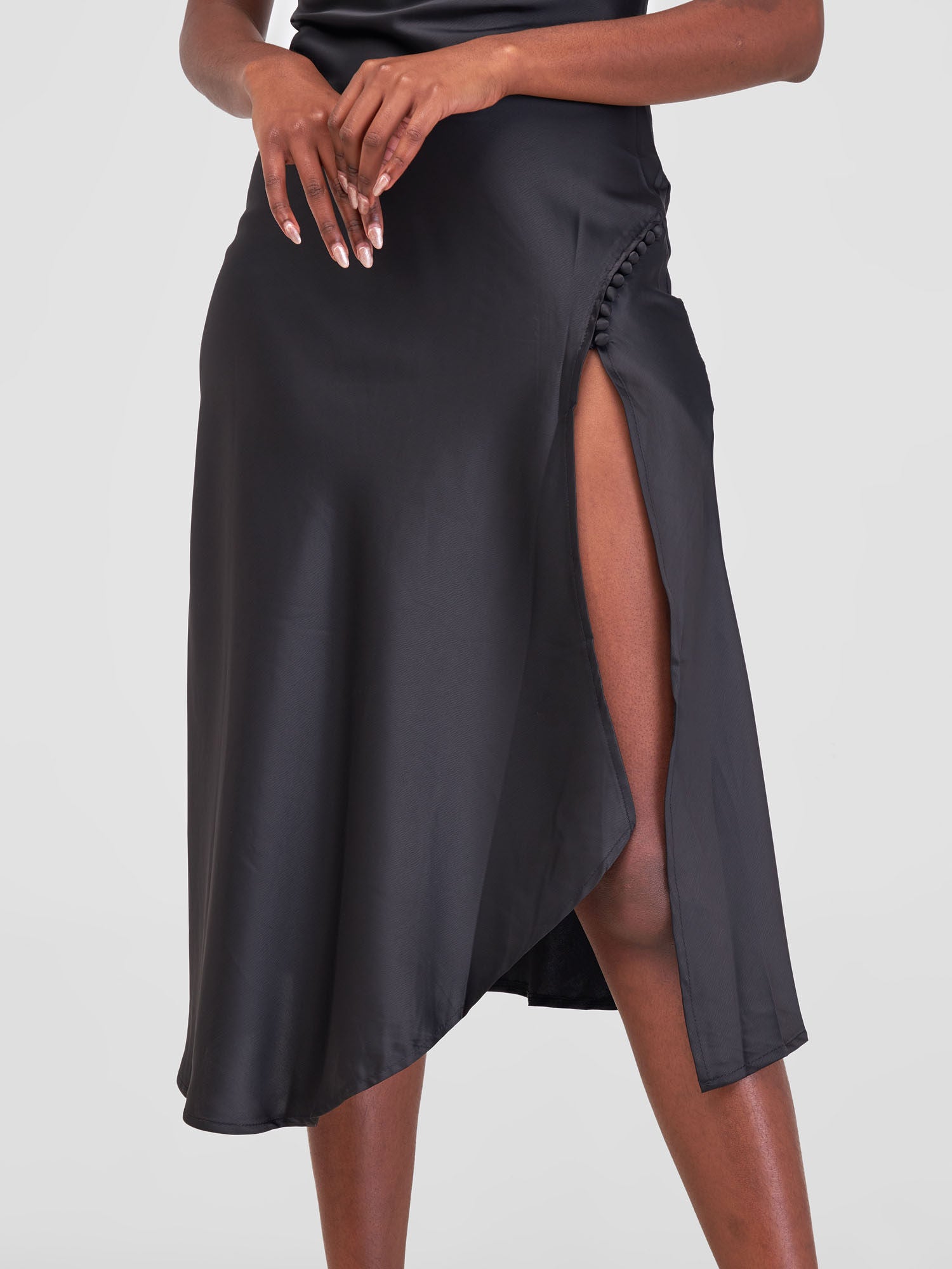 Satin Slip Dress With Side Buttons - Black
